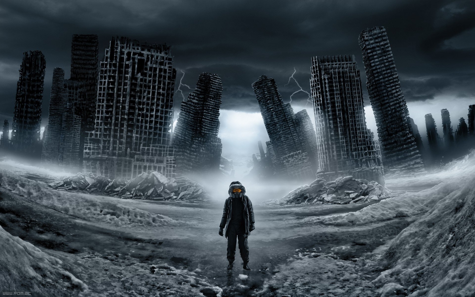 1920x1200 science fiction, Vitaly S Alexius, Romantically Apocalyptic, Lightning,  Ruin, Gas masks HD Wallpapers / Desktop and Mobile Images & Photos