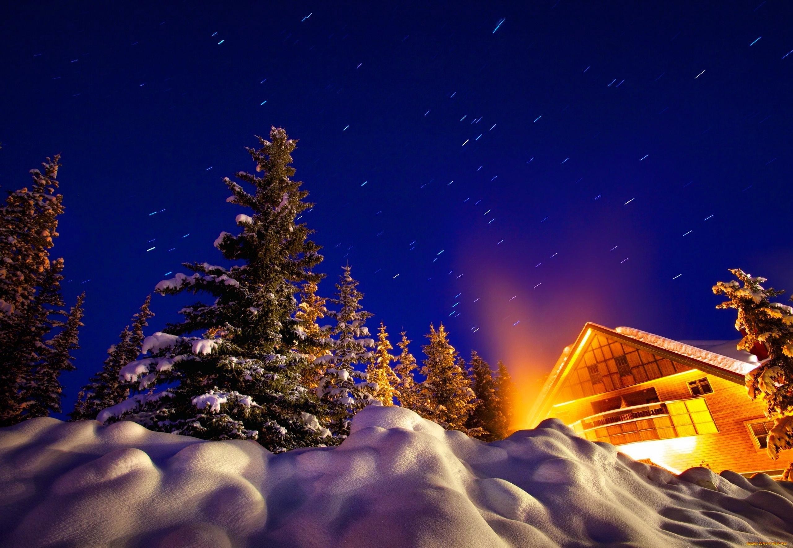 2560x1769 Lighted Winter Cabin HD desktop wallpaper : Widescreen : High .
