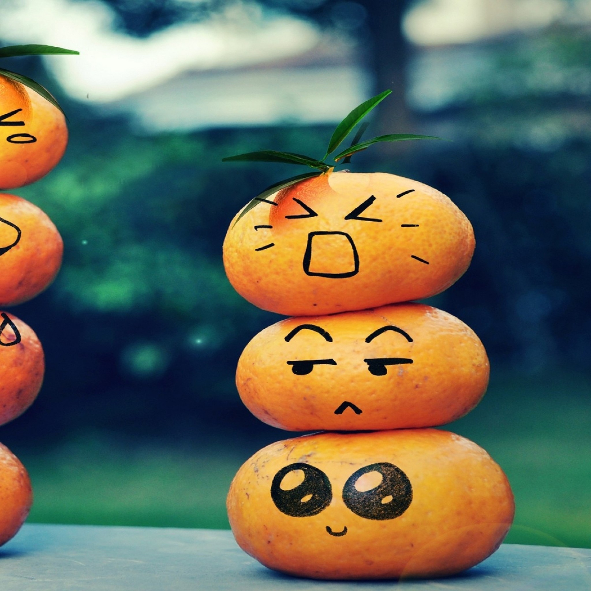 2048x2048  Wallpaper fruit, emoticons, smiley face, table, leaves, bokeh
