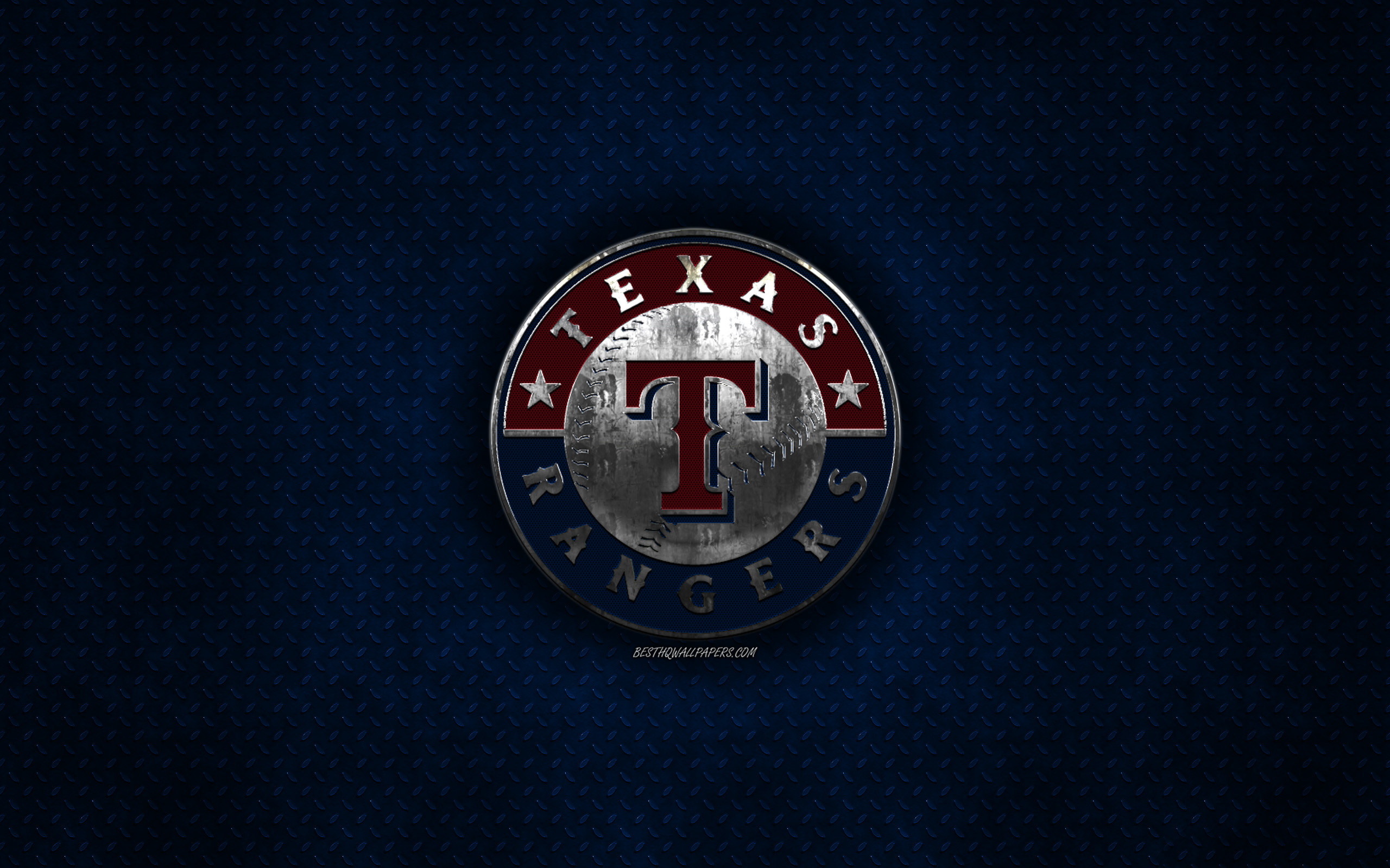 2560x1600 Texas Rangers, American baseball club, blue metal texture, metal logo,  emblem,