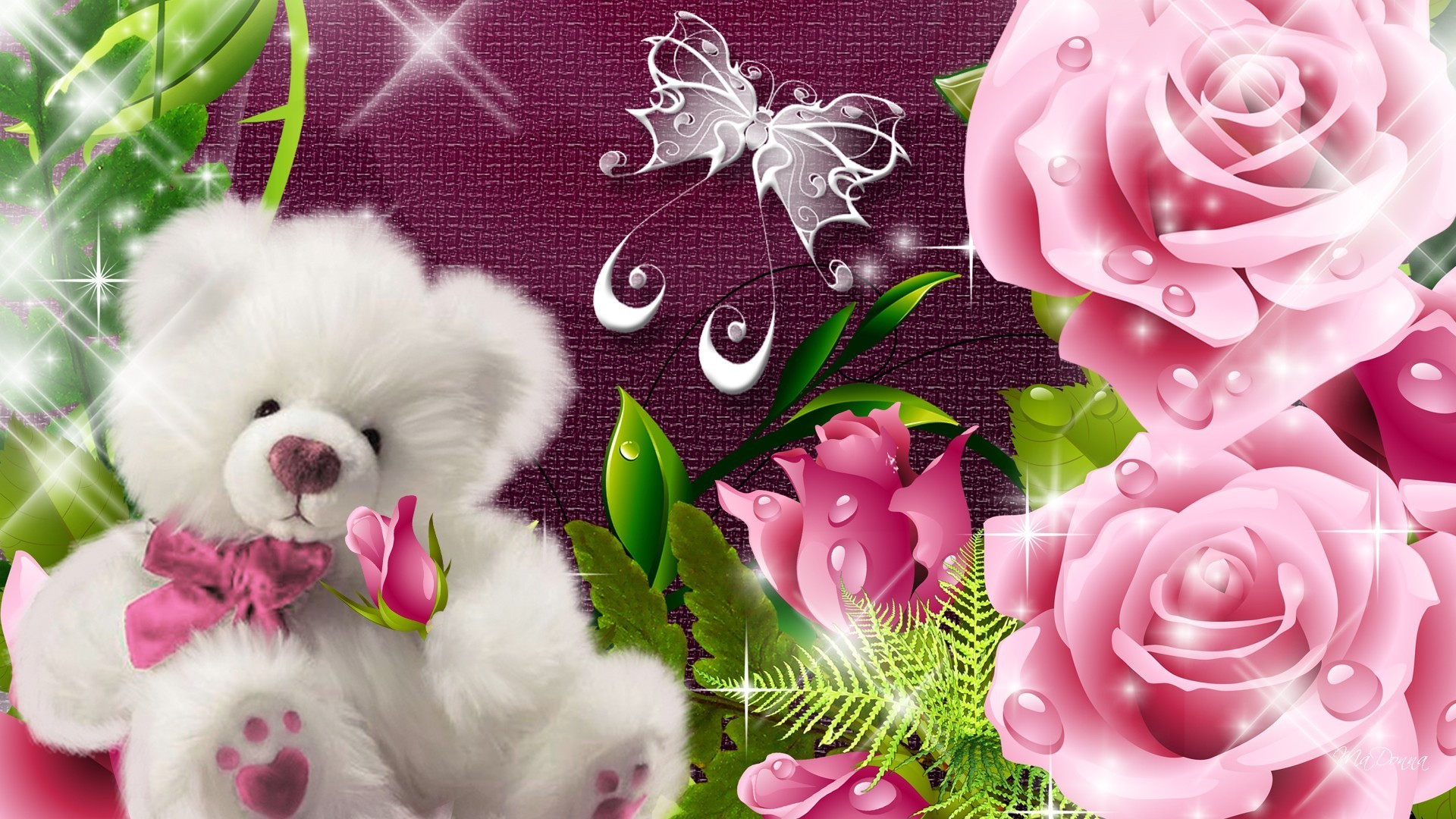 1920x1080 Teddy Tag - Fluffy Pink Roses Radiate Hearts Light Valentines Day Glow  Winkle Glitter Butterfly Flowers