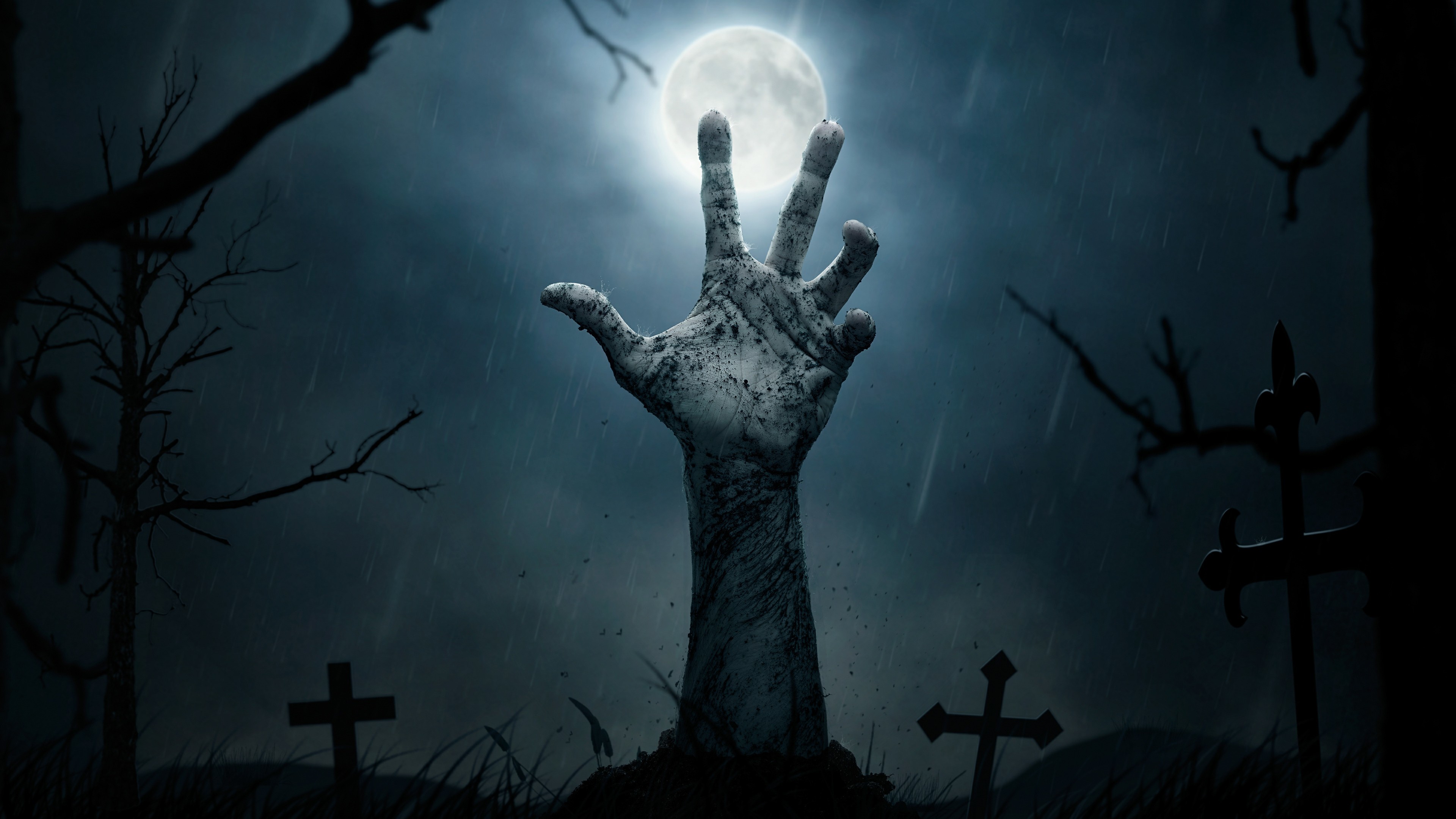 3840x2160 UltraHD wallpaper icon Creepy night cemetery with a zombie hand wallpaper