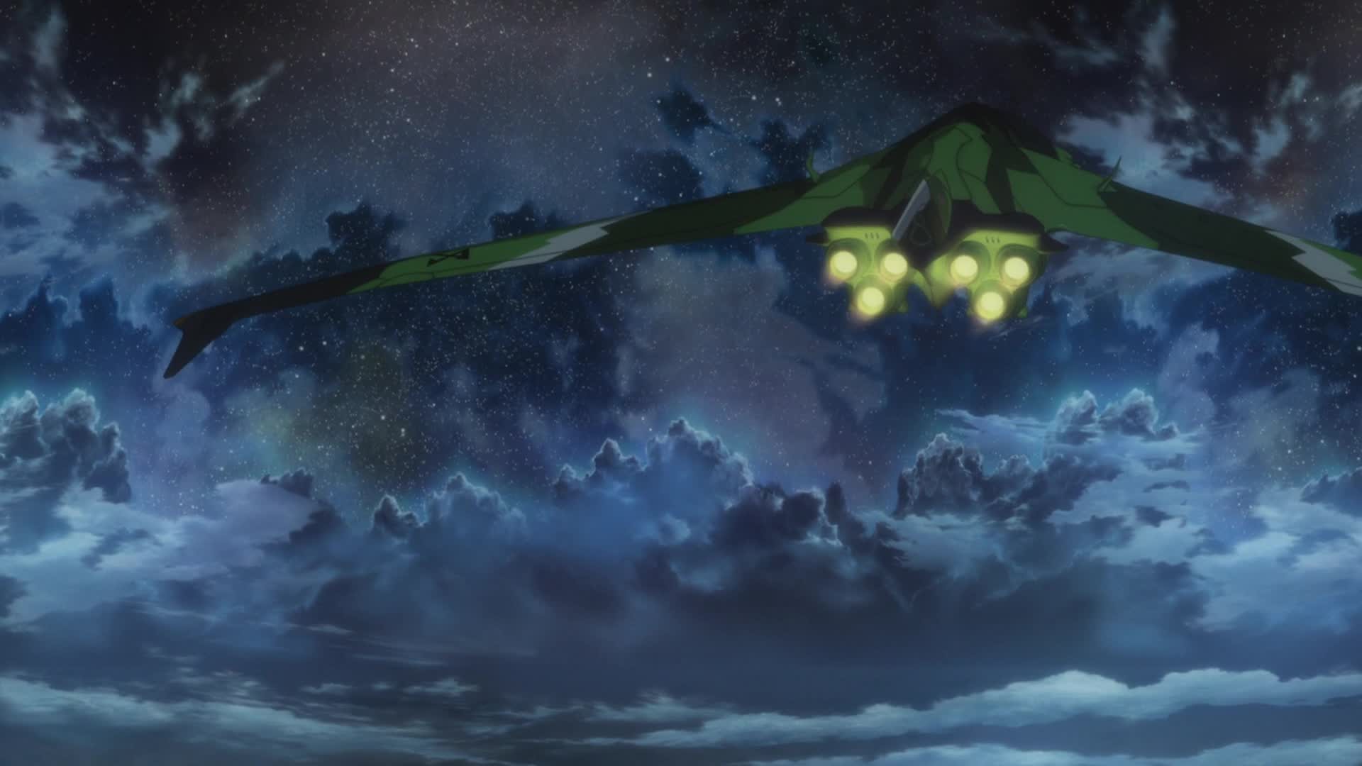 1920x1080 Yamato sails through the blue-lit sector, above the storm clouds. Above  them, a Garmillas recon plane reports its current location to the fleet.