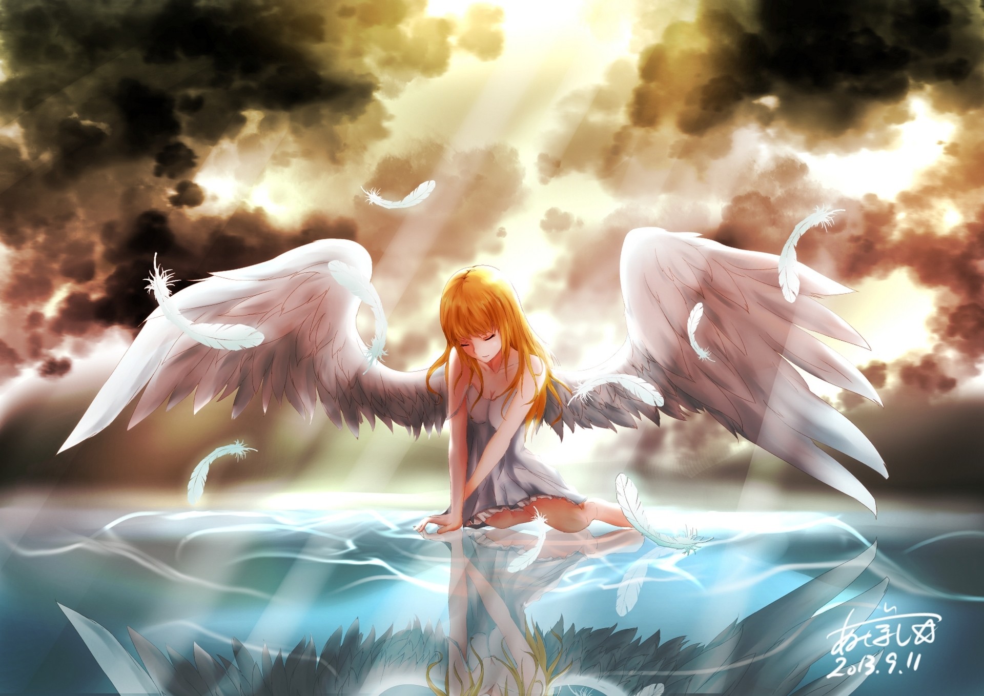1920x1358 ... wallpaper Â· angel with white wings looks at hers reflection in the  water underwater sun rays Anime Artwork