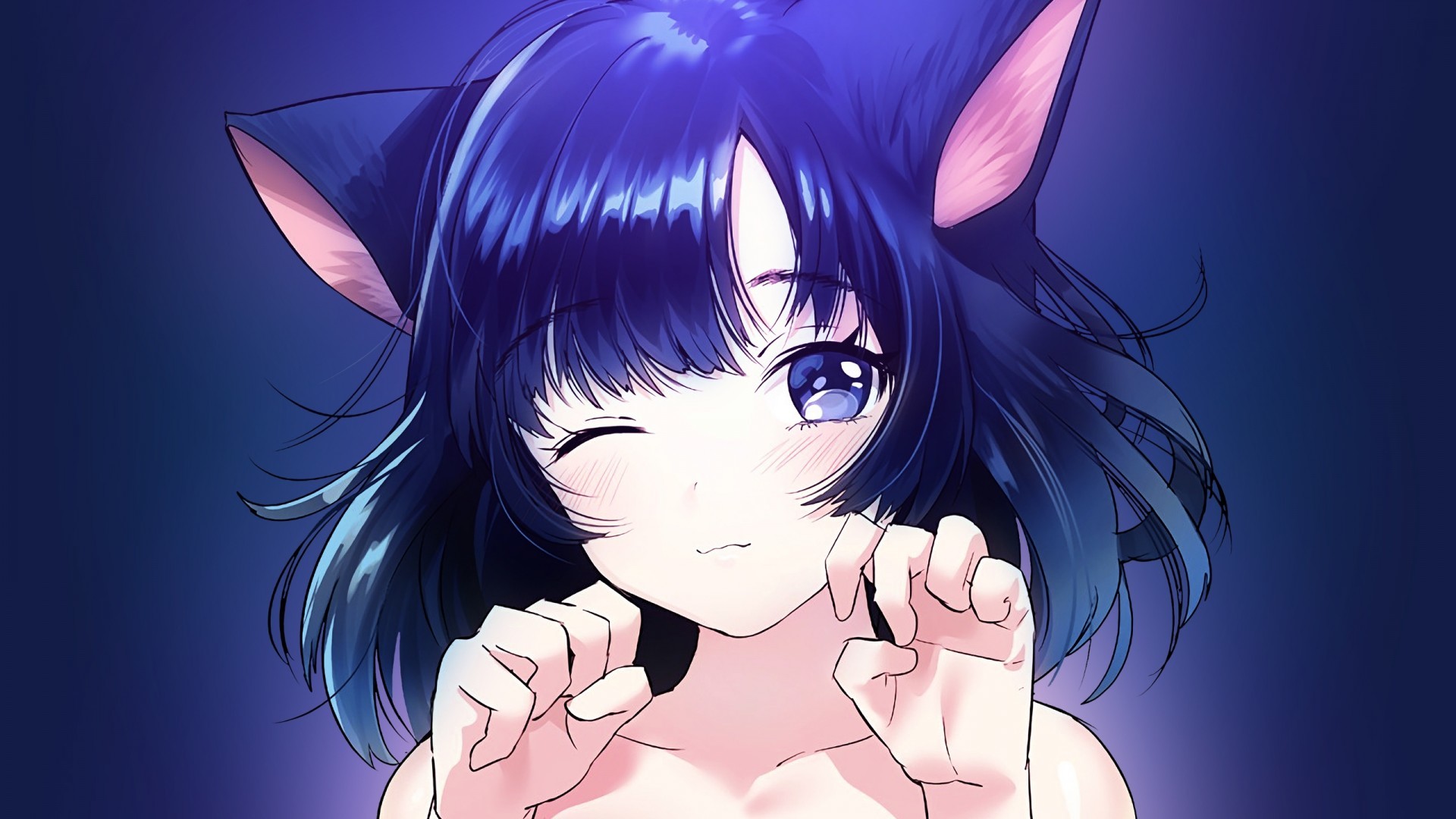 1920x1080 Anime Girl, Cat Ears, Neko, Wink, Blue Hair