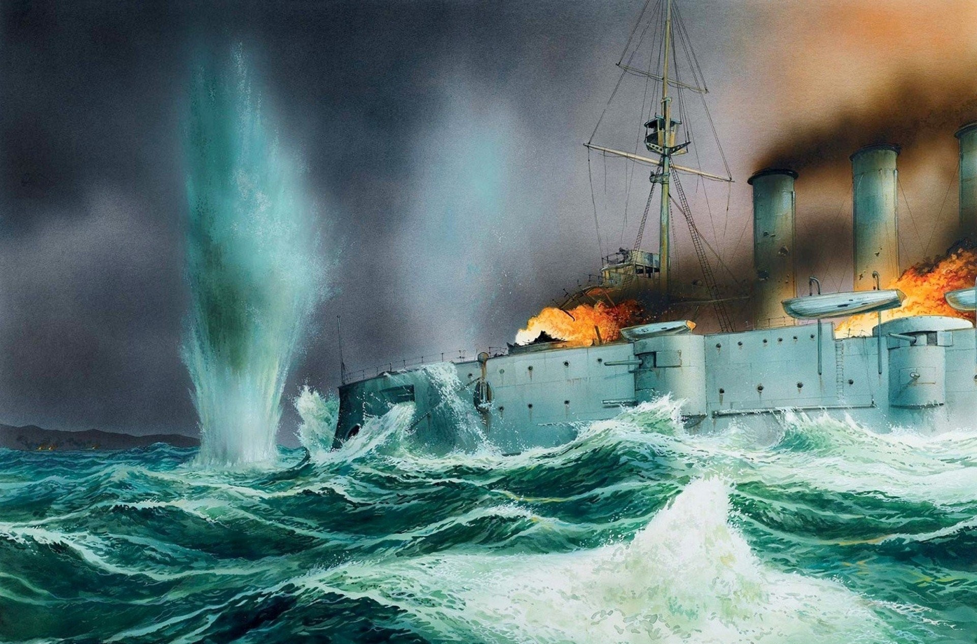 1920x1266 art explosions wave ww1 battle at the port of coronel picture armored  cruiser sea uk november