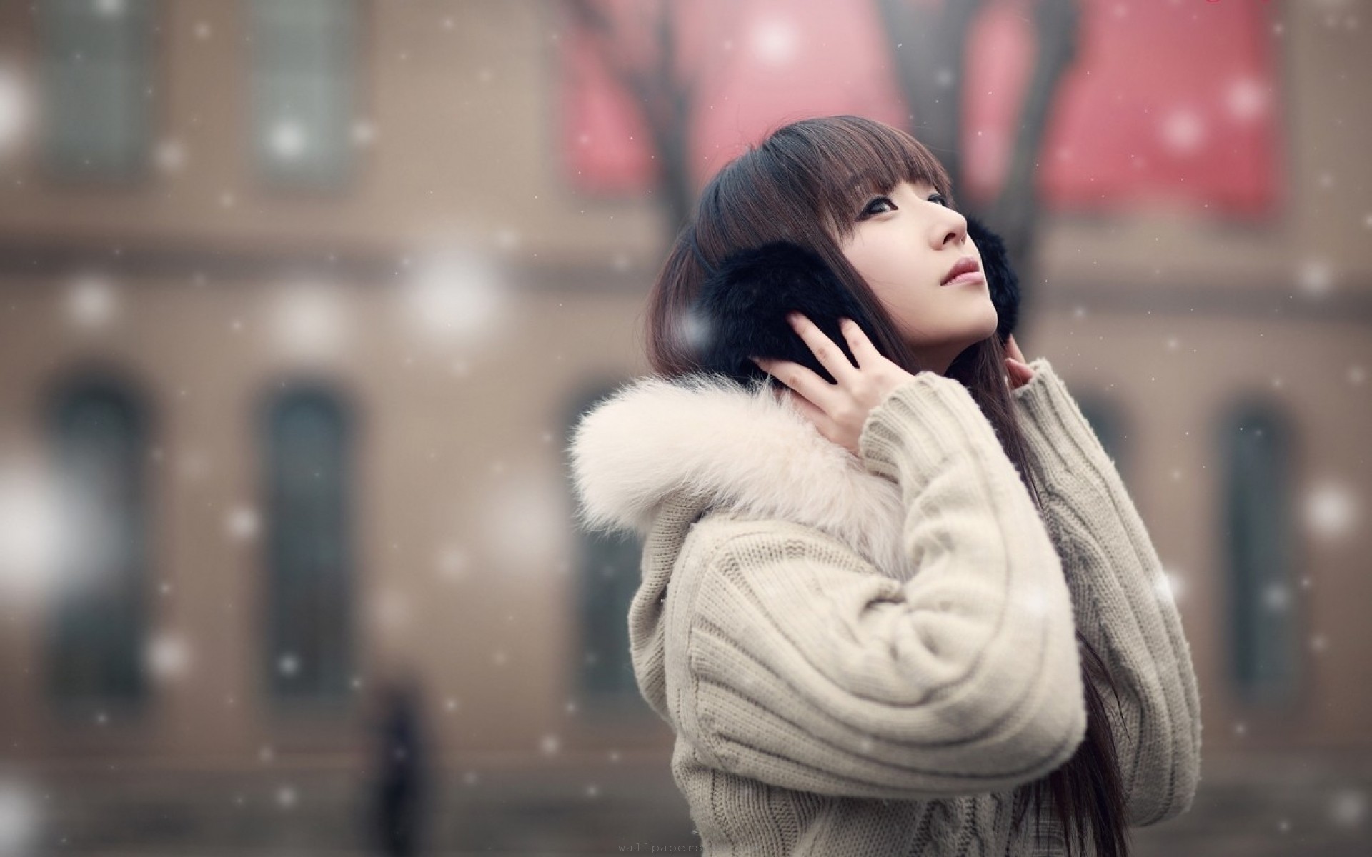 1920x1200 Beautiful Asian Girl in Snow Fall HD Wallpaper