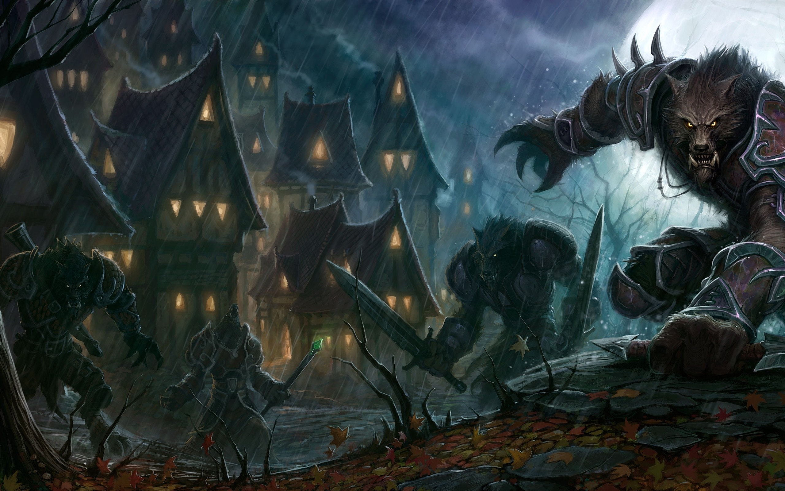 2560x1600 World of warcraft houses moonlight armor werewolf swords raining wallpaper
