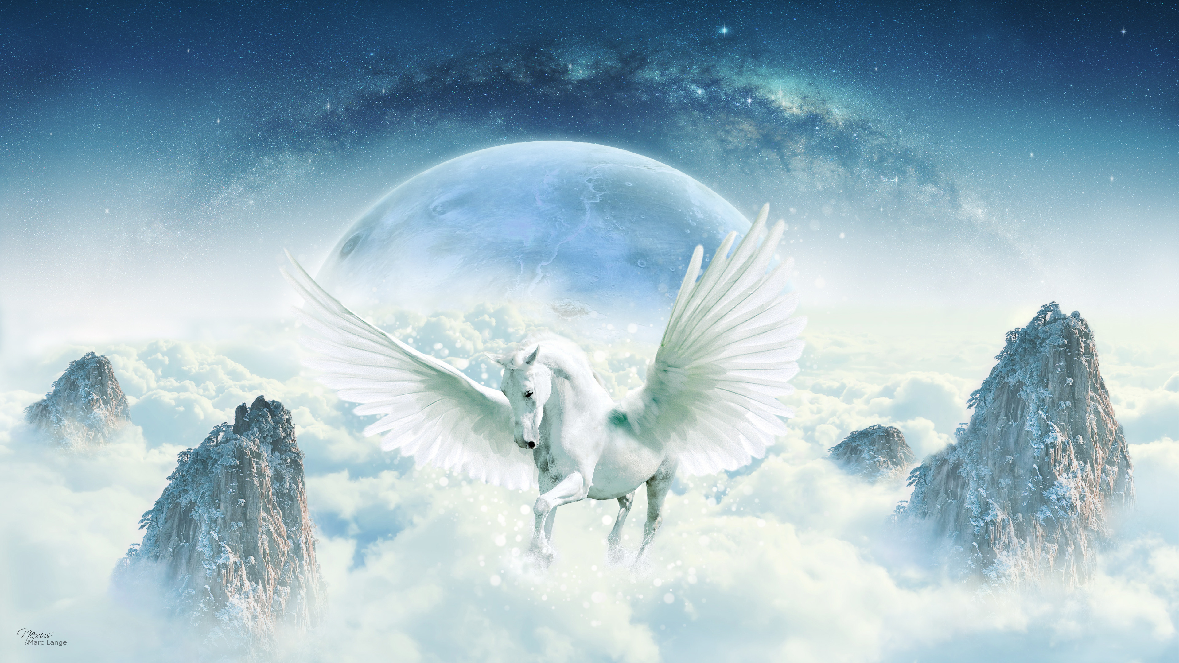 3840x2160 Fantasy - Pegasus Fantasy Sci Fi Planet Stars Rock Magic Cloud Moon White  Wallpaper