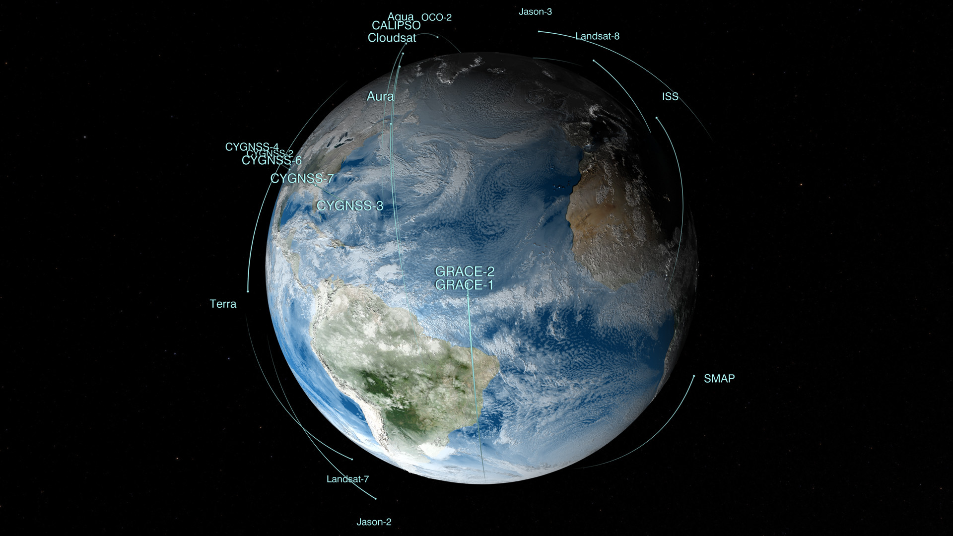 1920x1080 Visualization of Earth with NASA satellite fleet in orbit