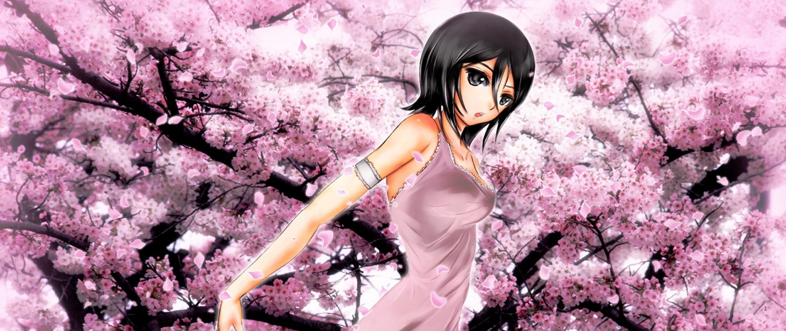 2560x1080  Wallpaper anime, girl, garden, flower, sakura, spring