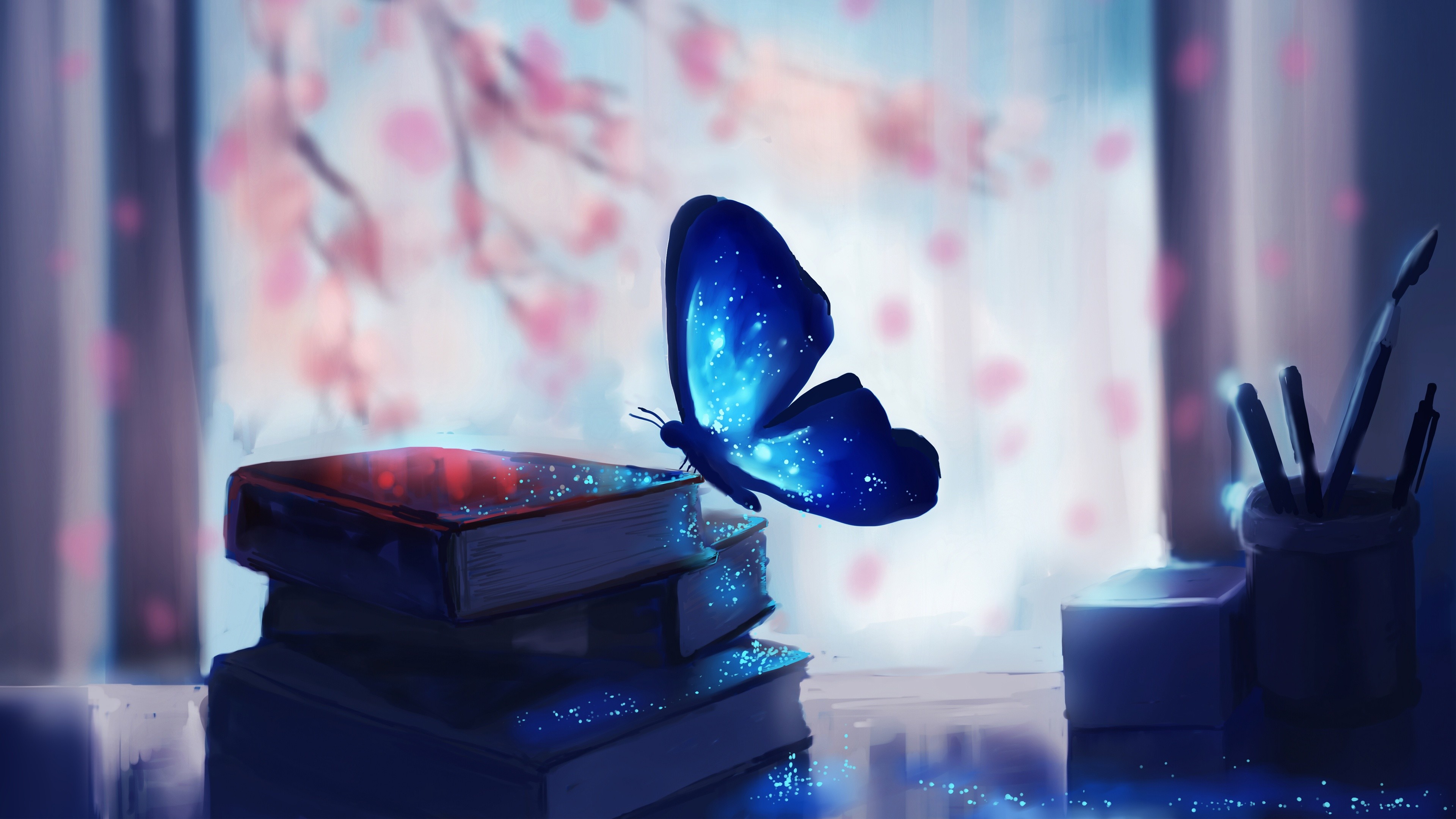3840x2160 Blue Butterfly Books Art Wallpaper