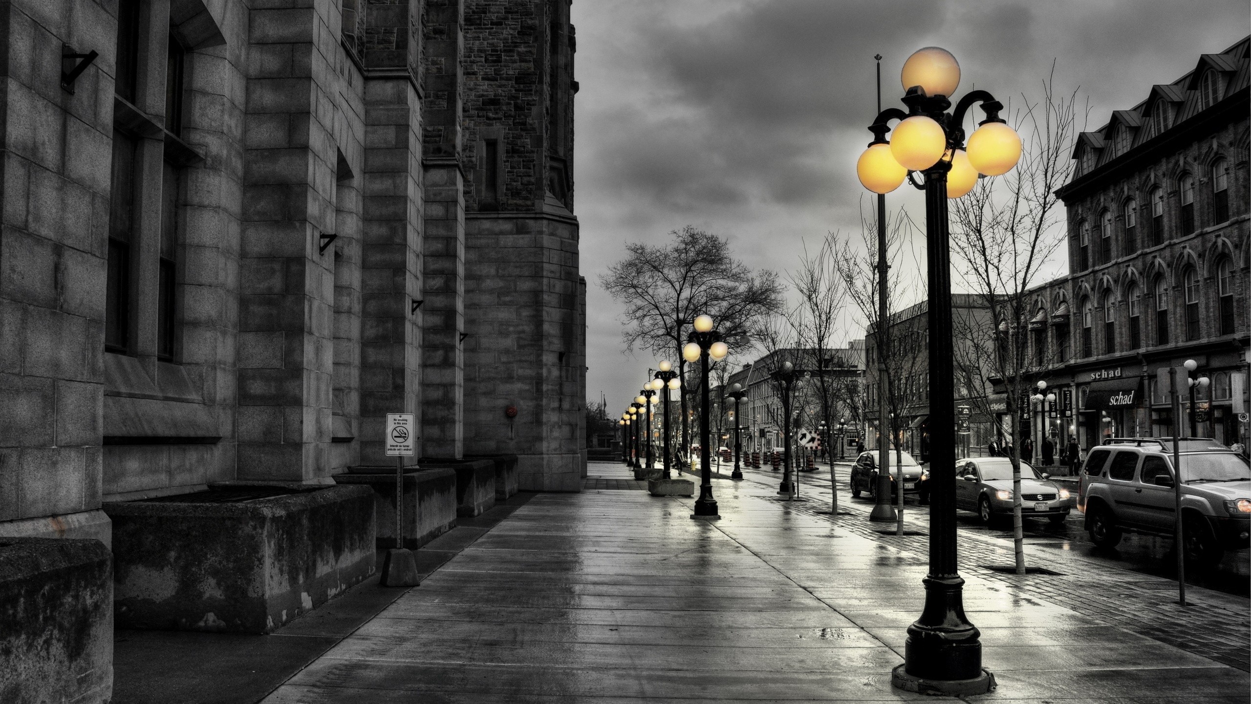 2560x1440 Preview wallpaper street, city, evening, black white, lights, buildings, hdr