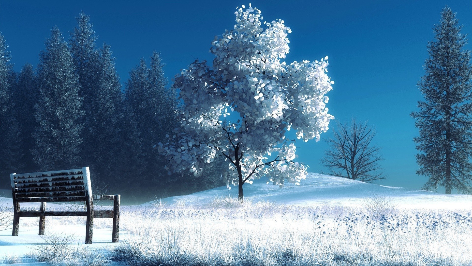 1920x1080 Preview wallpaper winter, landscape, nature, snow, bench, trees 