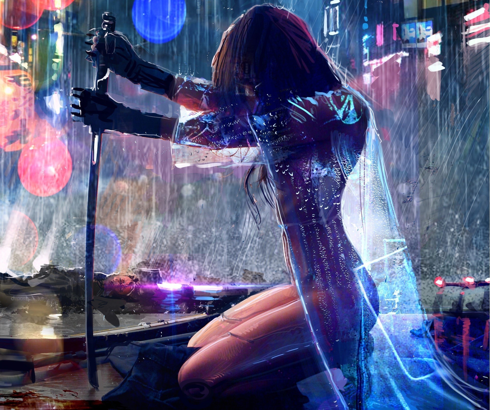 1920x1608 women, Warrior, Artwork, Sword, Rain, Cyberpunk, Cyberpunk 2077 Wallpapers  HD / Desktop and Mobile Backgrounds