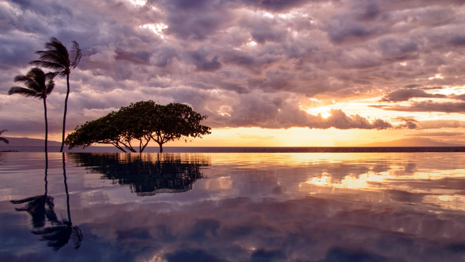1920x1080 Near Tag - Infinity Pool Reflecting Sunset Reflection Clouds Trees Sea  Swimming Near Ocean Sky Scenery