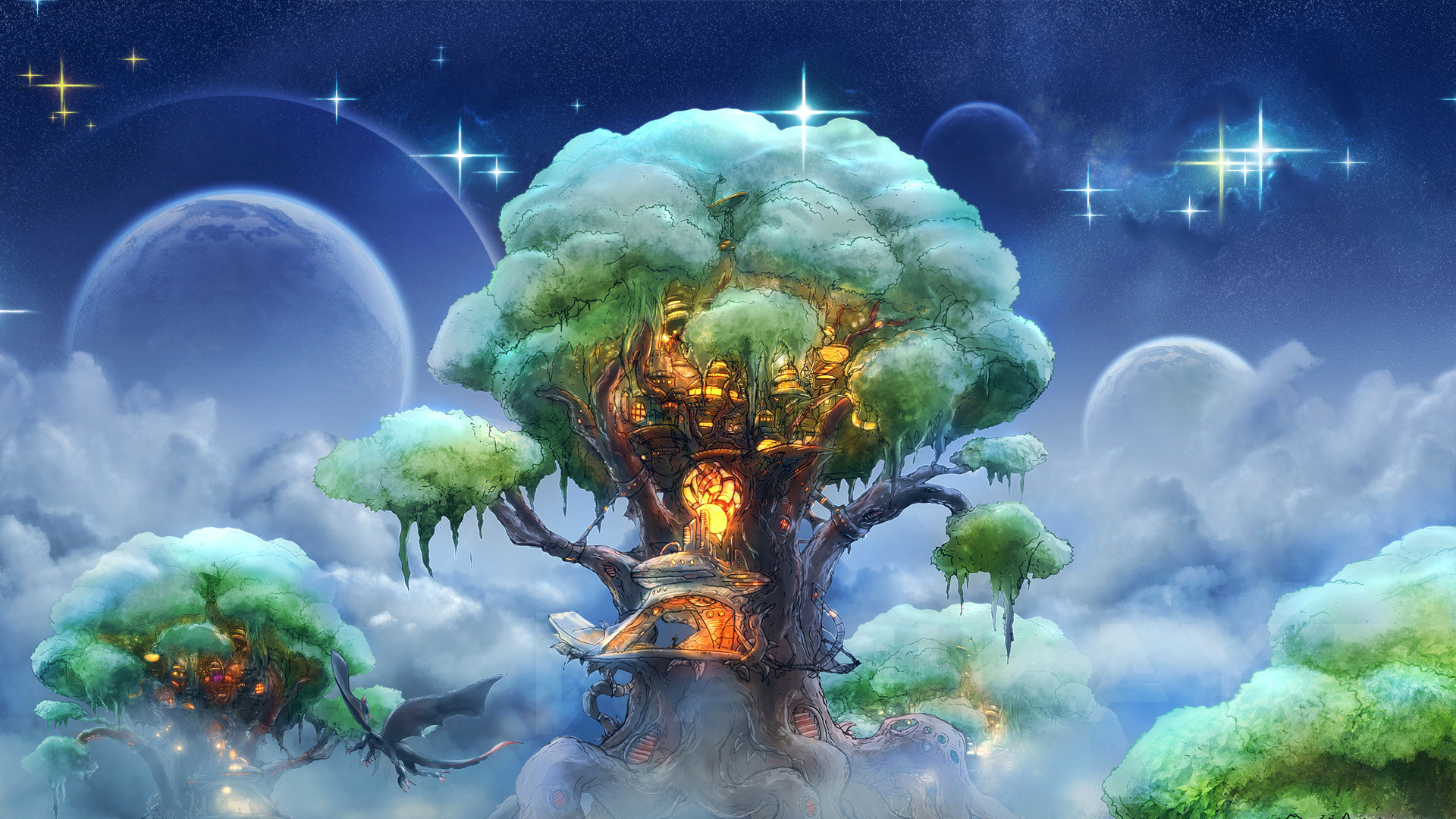 1920x1080 Elven Forest, Stars, Art, Fantasy, Zephyr Tree, Kamikaye, Sky,