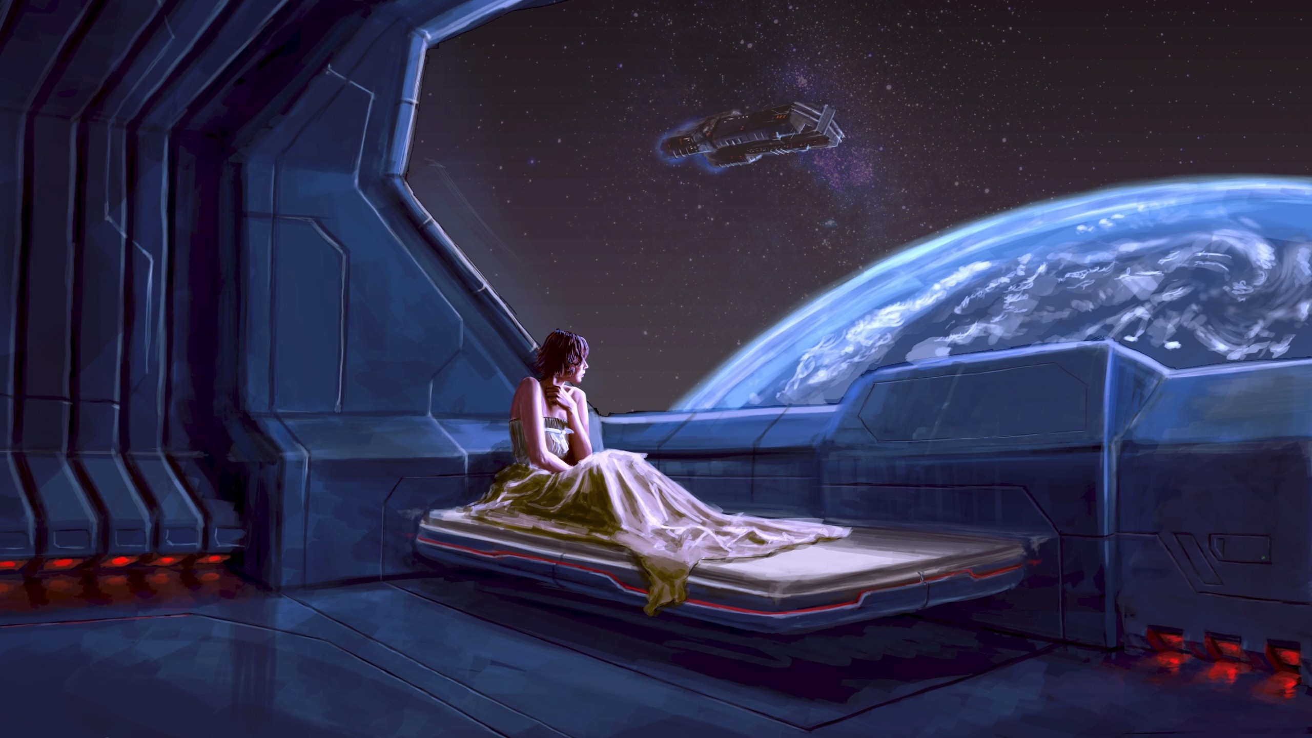 2560x1440 Preview wallpaper girl, planet, ship, space 