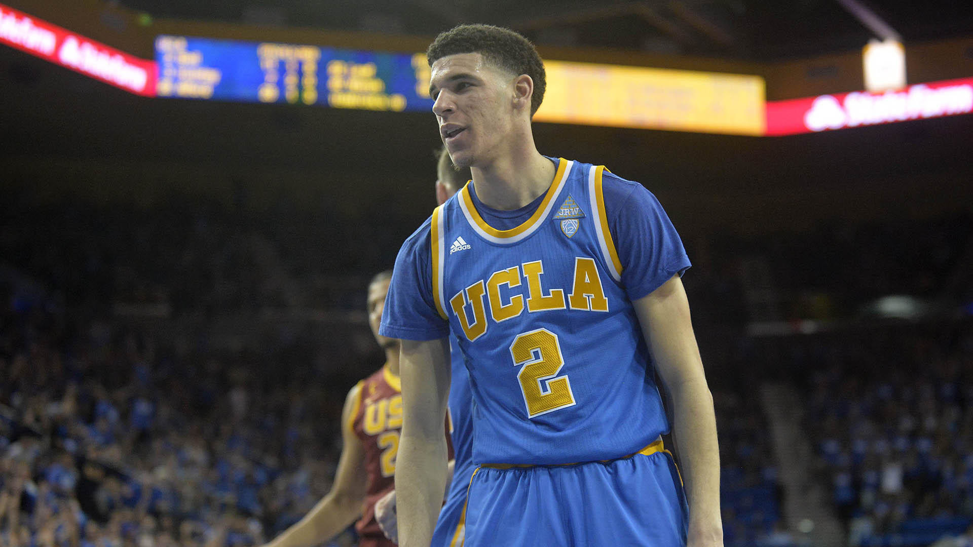 1920x1080 February 18, 2017; Los Angeles, CA, USA; UCLA Bruins guard Lonzo Ball (2)  reacts after scoring a basket against the Southern California Trojans  during the ...