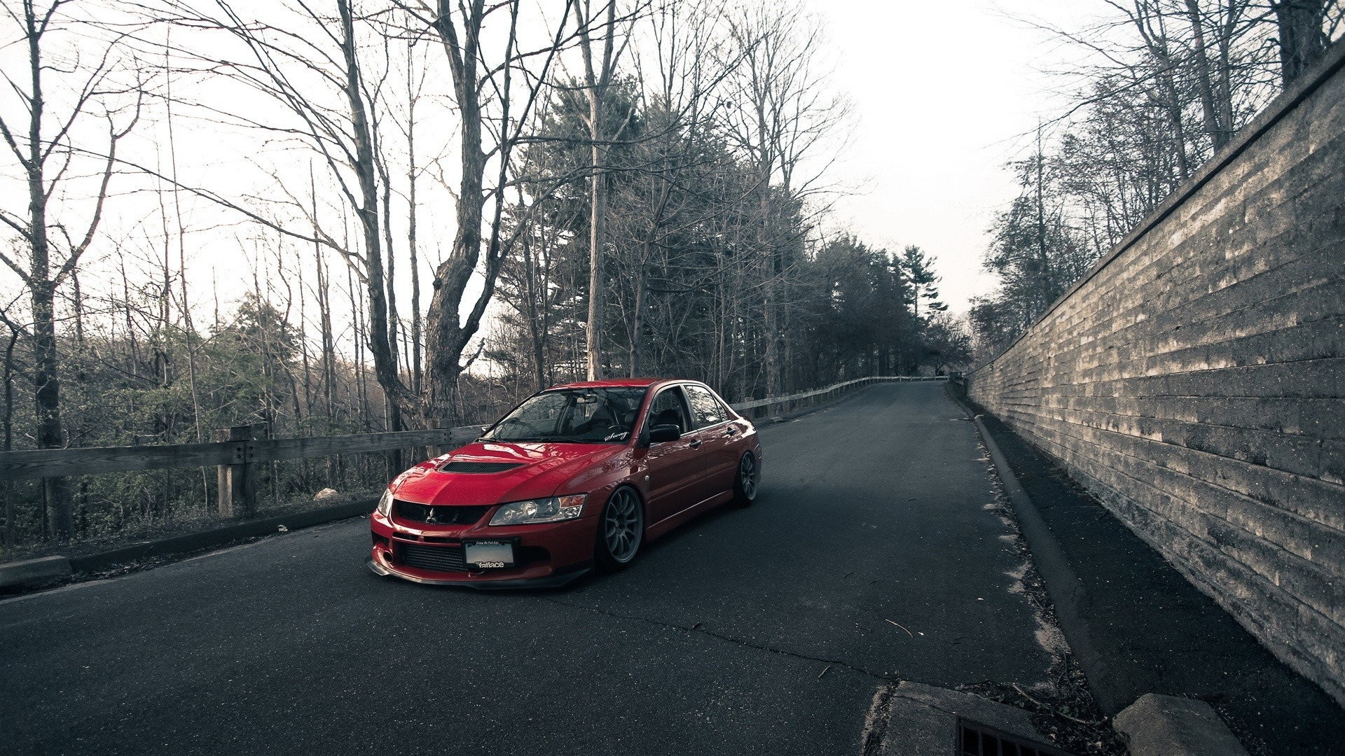 1920x1080 Cars Cities Forests Lancer Evo IX Mitsubishi Evolution Red Rims Roads  Stance Tuned Tuning Vehicles