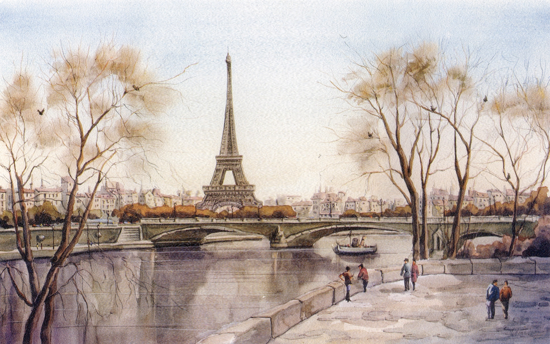 1920x1200  Paris Landscape Drawing Wallpaper France, Drawing, Bridge, Eiffel