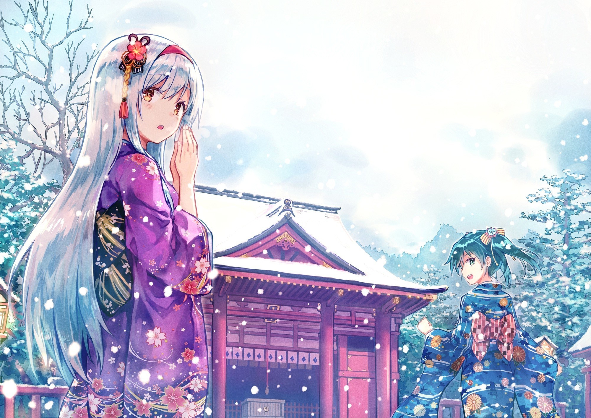 2000x1414 anime Girls, Anime, Shoukaku (KanColle), Kantai Collection, Zuikaku  (KanColle), Winter, Snow, Kimono, Japanese Clothes, Traditional Clothing,  ...