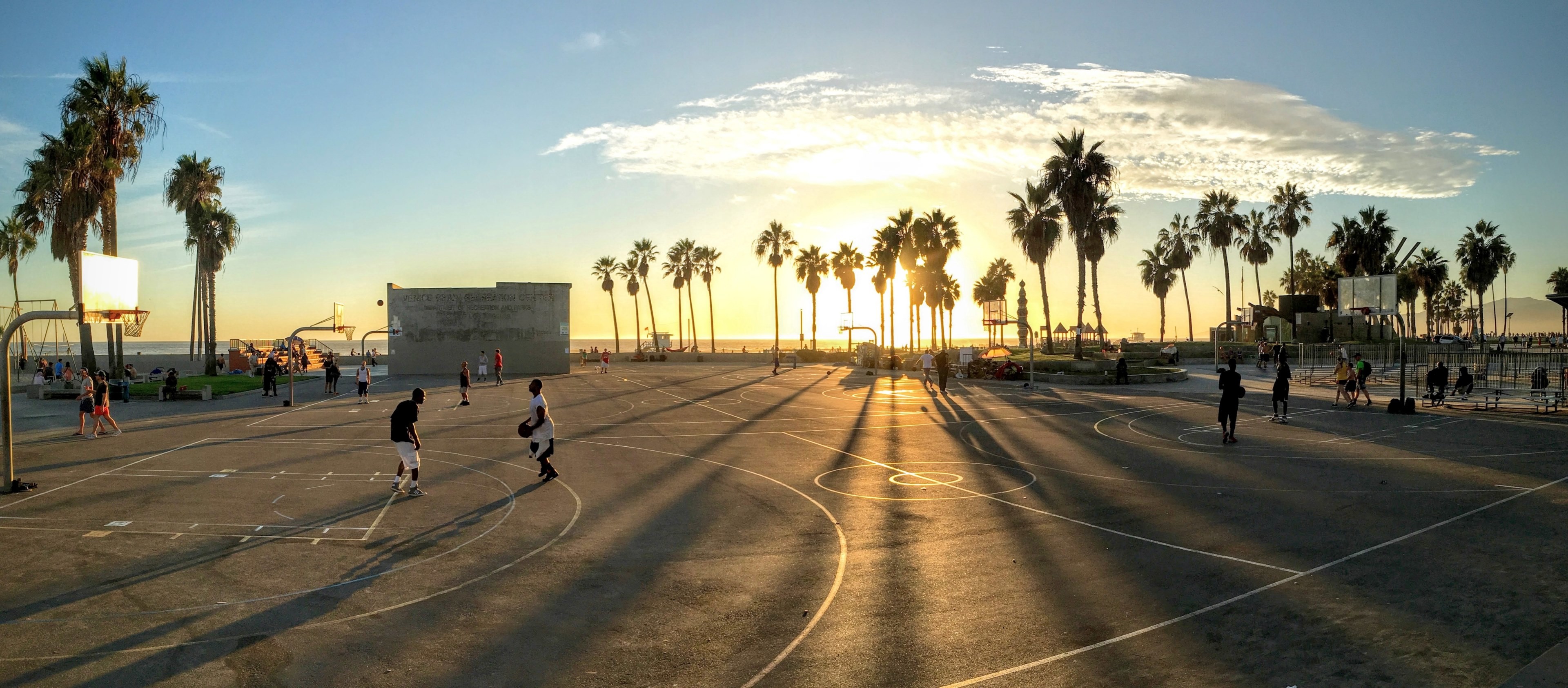 3840x1685 # two men playing basketball outside in venice beach during the  late sunsetoutdoor basketball with sunset 4k wallpaper and background #25666