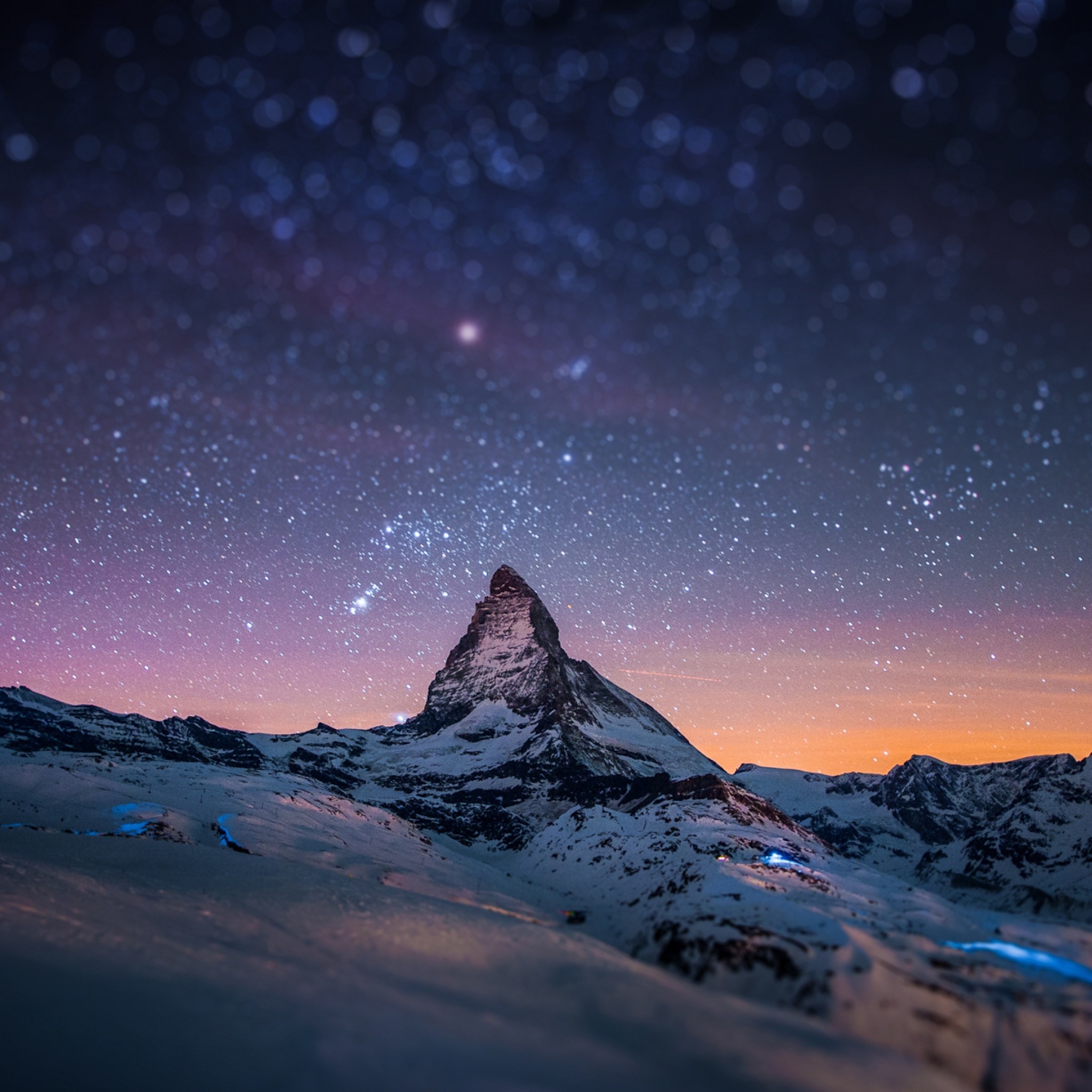 2048x2048  Wallpaper mountain, peak, stars, sky, night, light, snow