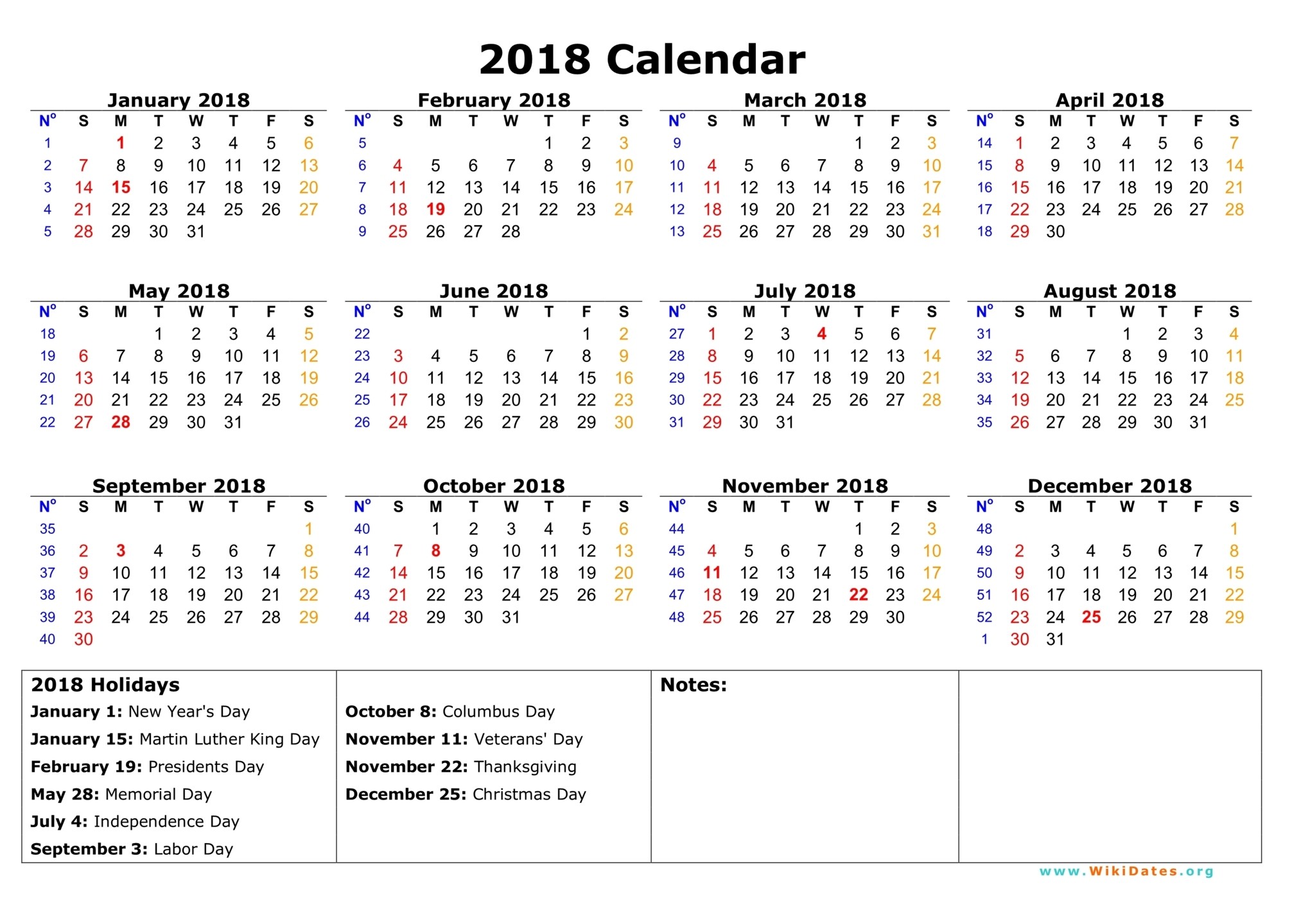 2037x1440 January 2018 Calendar Template