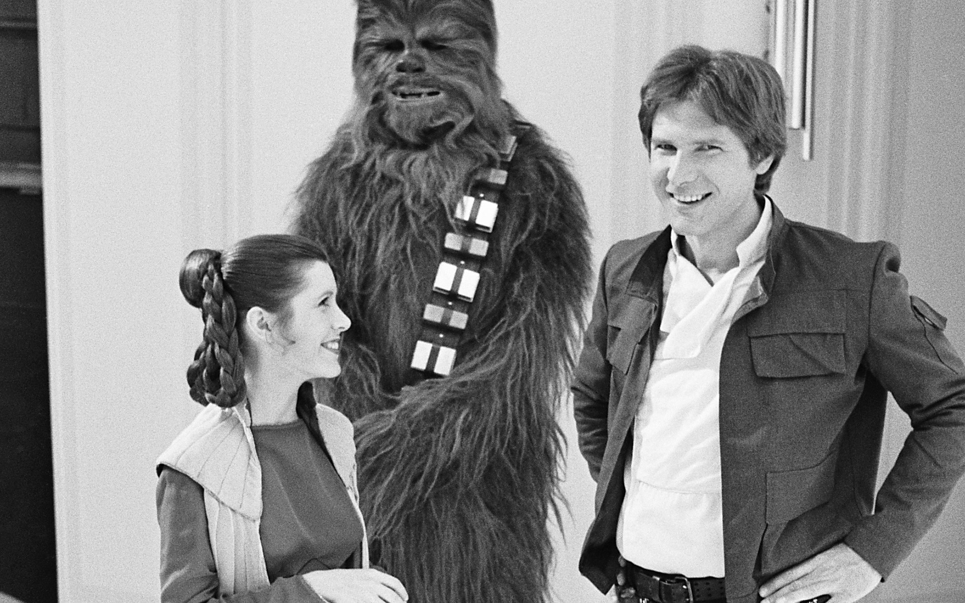 1920x1200 ... Ford Chewbacca BW Carrie Fisher Princess Leia sci-fi movies black white  classic wookie people men males wmone females babes actor actress wallpaper  ...