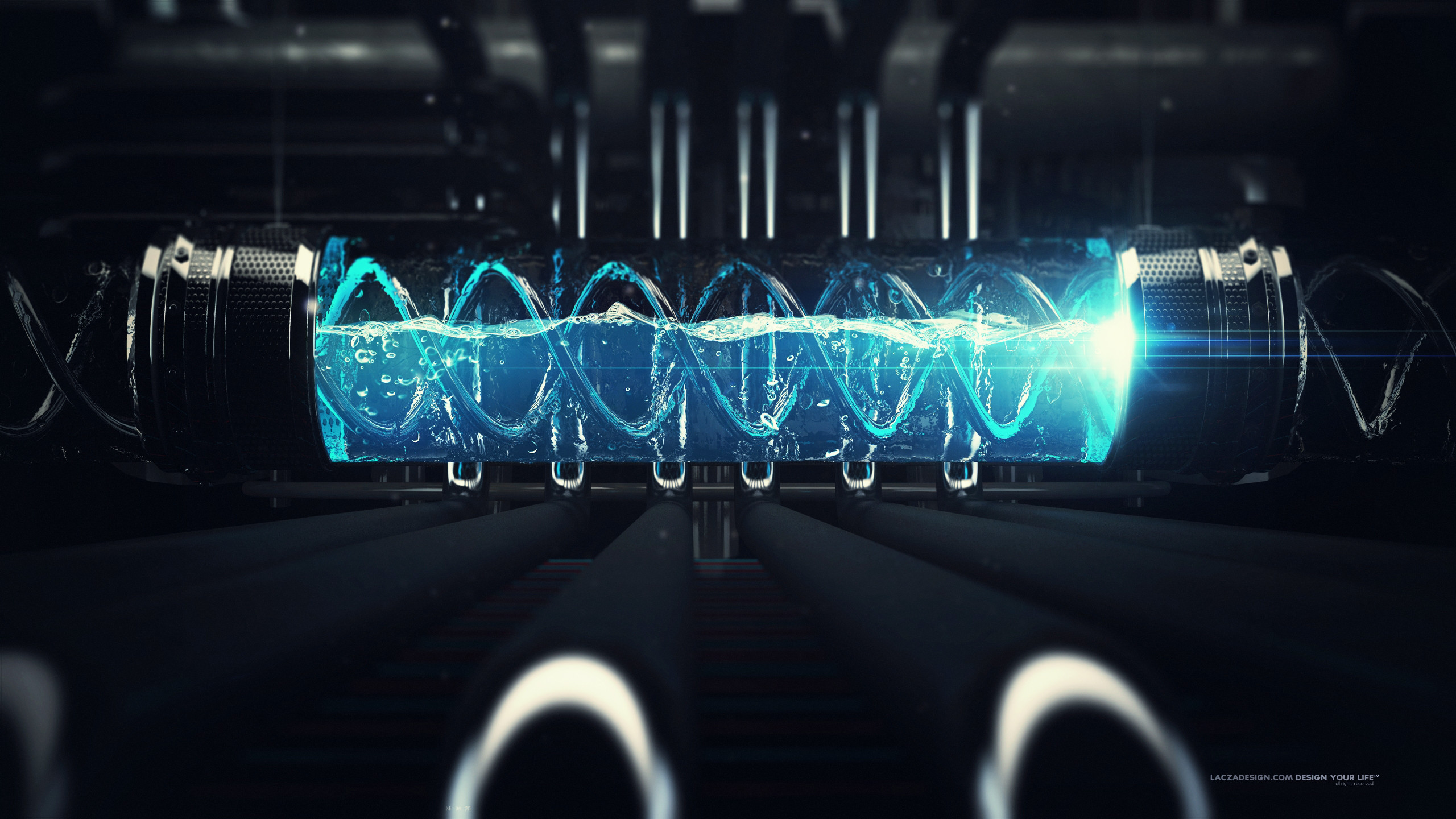 2560x1440 Chemical Factory wallpaper, blue liquid container tubes, double helix  spiral, lights, technology