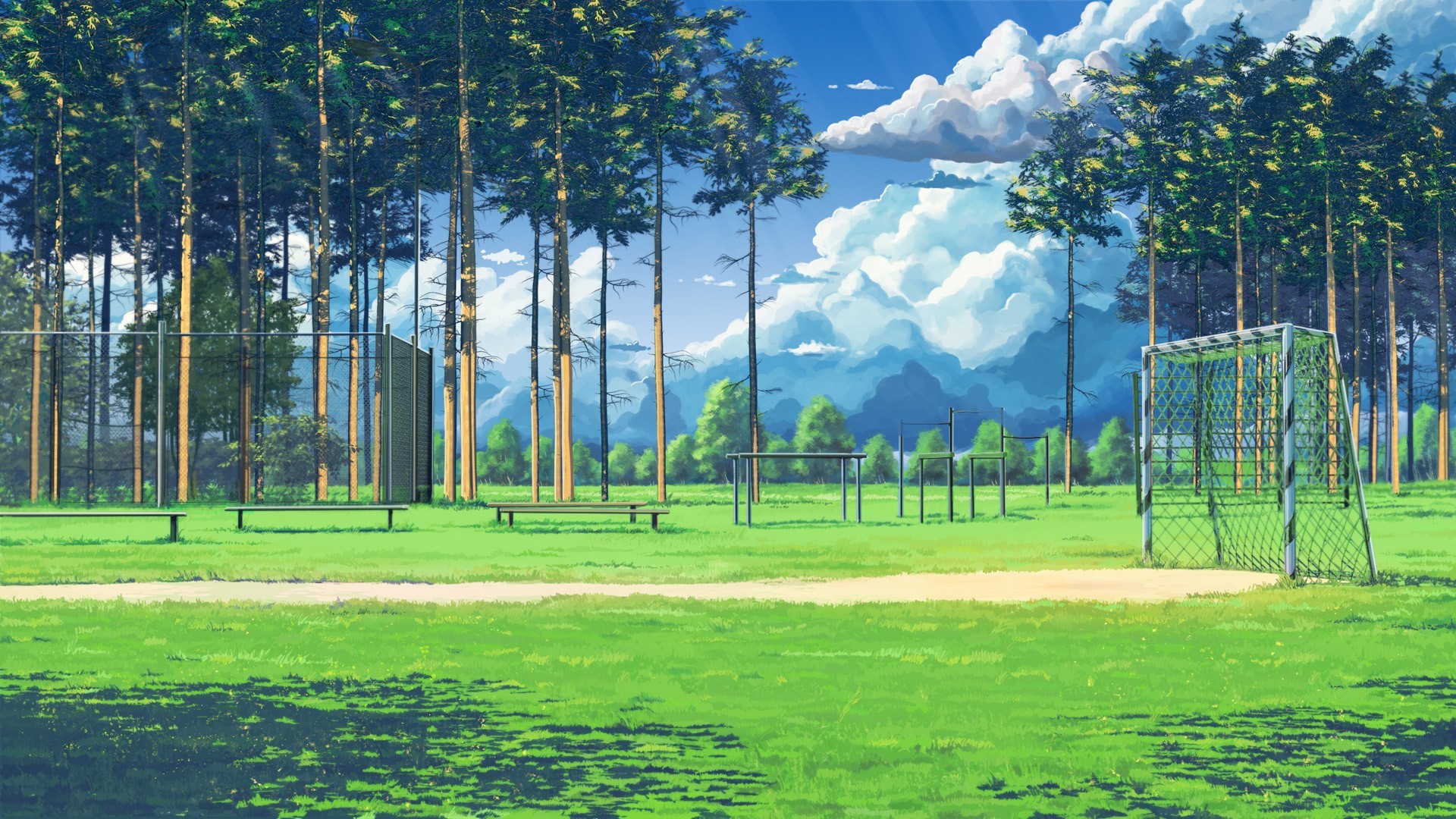 1920x1080 Soccer Field - Tags: cartoon, anime, background, grass, dirt, trees