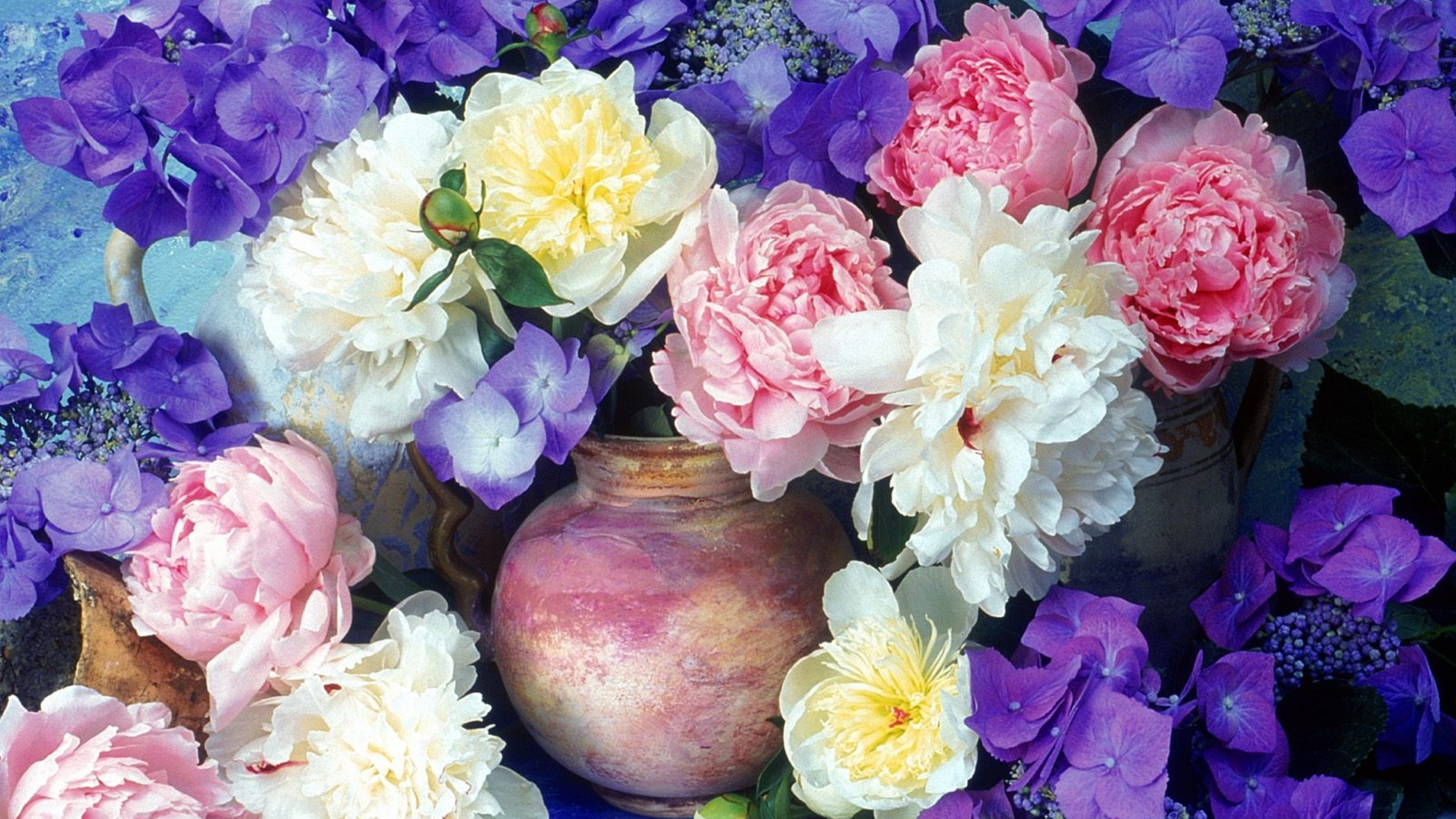 3840x2160 Preview wallpaper peonies, hydrangea, flowers, painting, jugs, flower,  beauty 