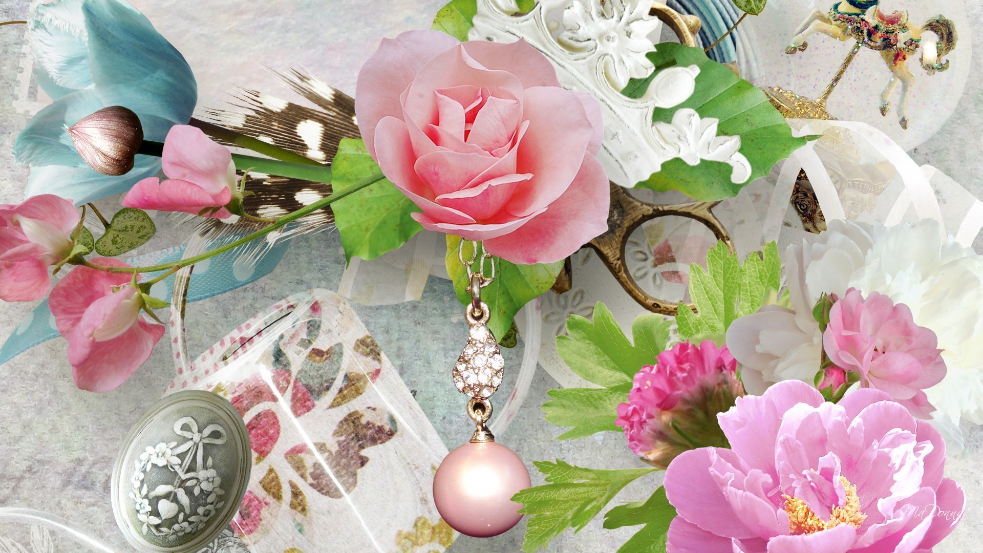 1920x1080 Peonies Tag - Bit Romantic Brooch Peonies Chain Just Flowers Feather Pearls  Vintage Roses Daisy Flower