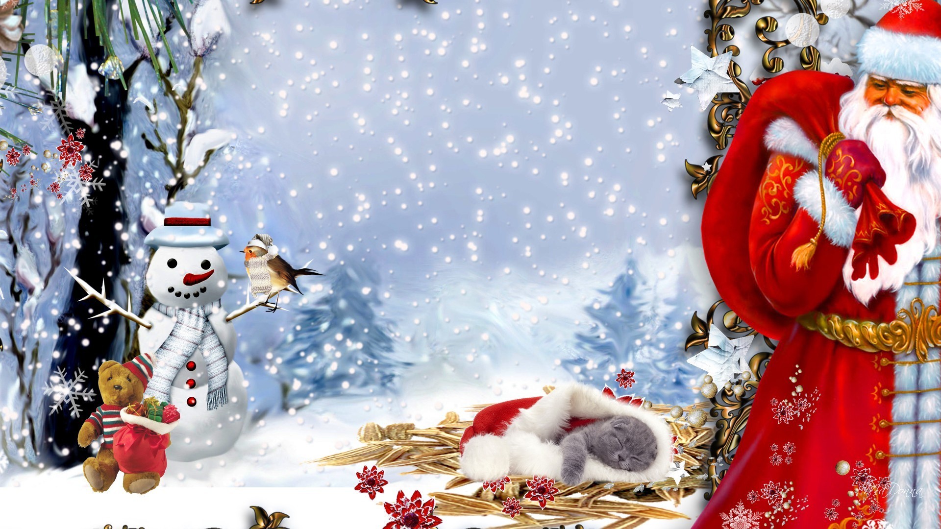1920x1080 Snowman Tag - Santas Gift Kitty Feliz Navidad Firefox Persona Snowman  Christmas Cat Hay Tree Bird