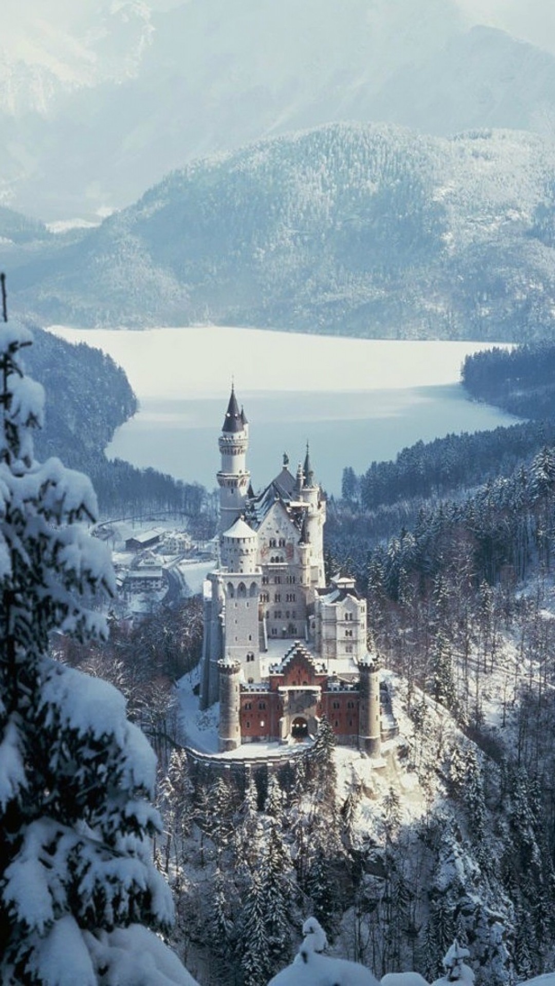 1080x1920 Preview wallpaper castle, city, sky, forest, winter, snow 
