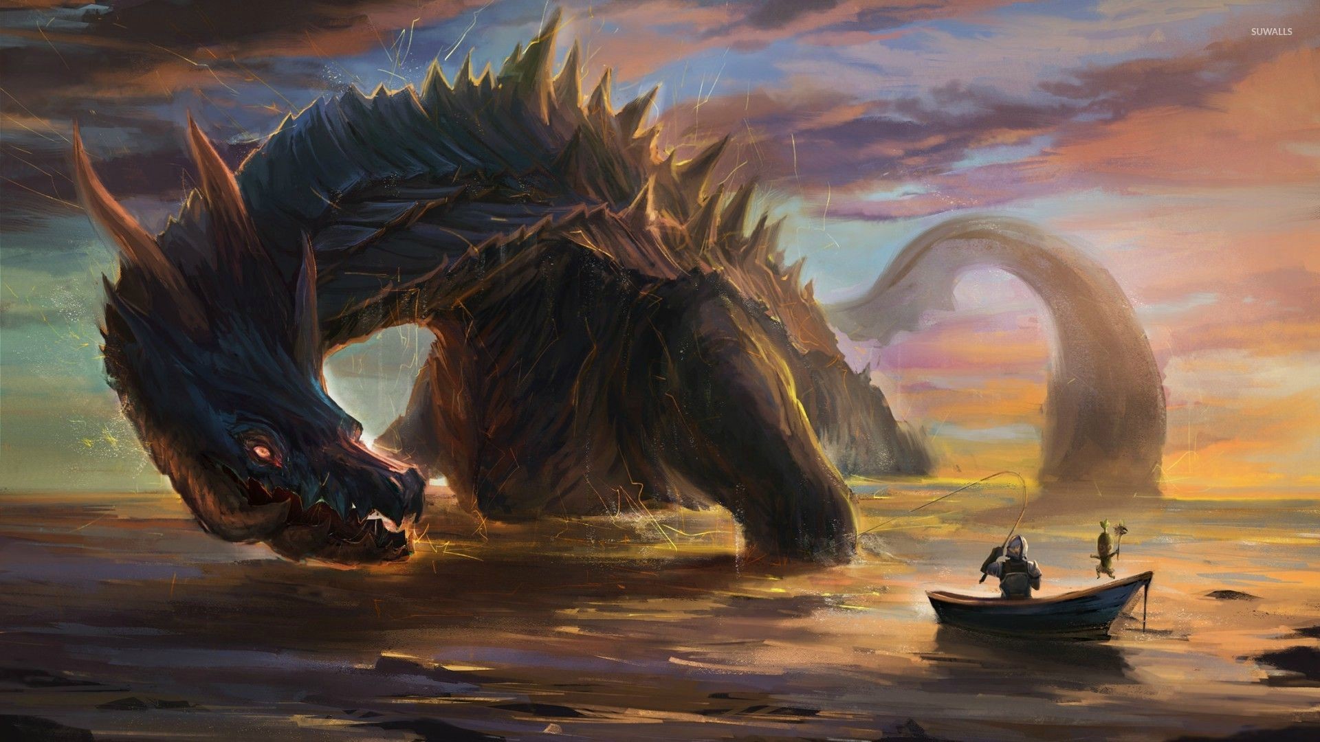 1920x1080 Warrior in a small boat fishing the giant dragon wallpaper  jpg