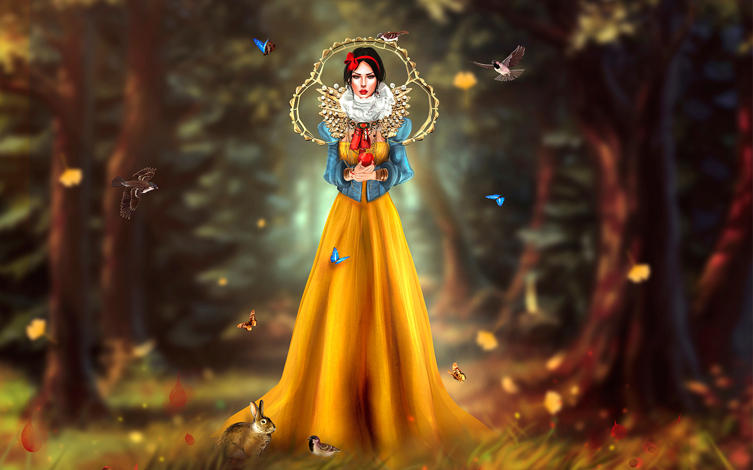 2560x1600 Photos Snow White and the Seven Dwarfs Birds Butterflies Snow White Locuala  Madruga Girls Cartoons 3D