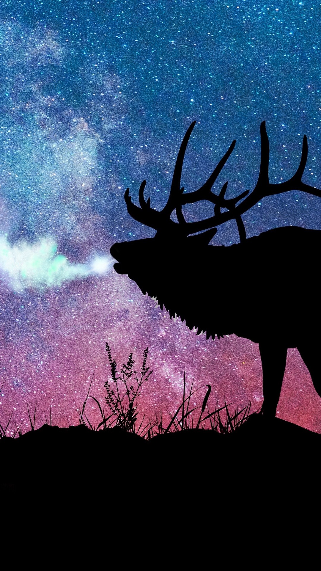 1080x1920  Wallpaper deer, silhouette, galaxy, stars