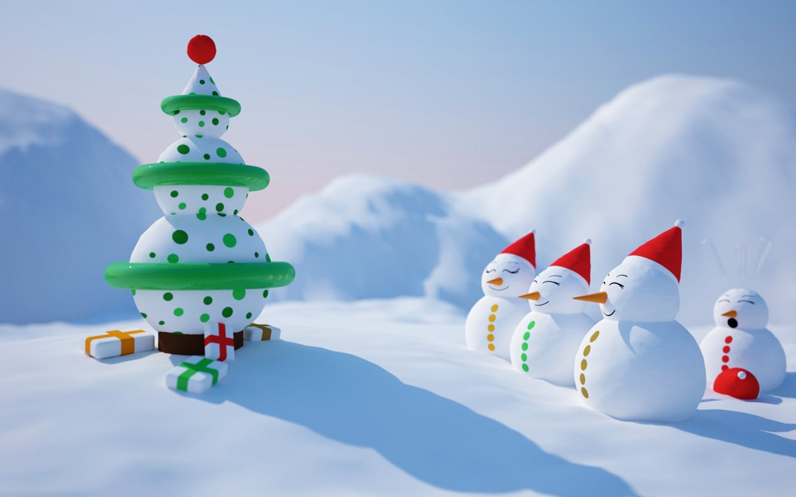 2560x1600 Snowmen And Snow Tree Funny Christmas Animated Wallpaper