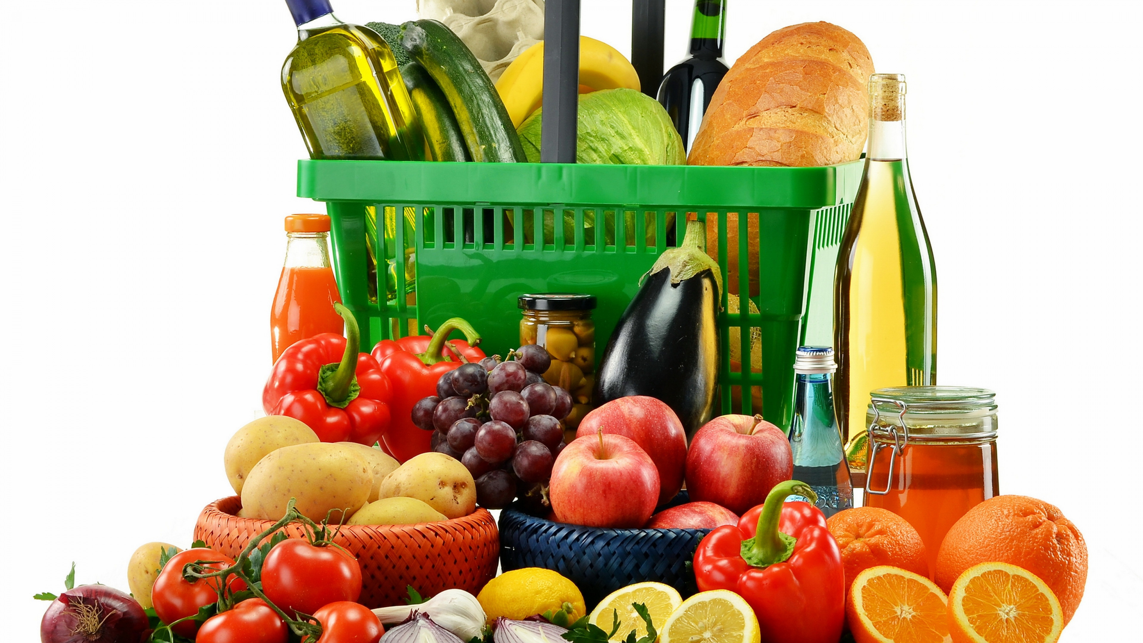 3840x2160  Wallpaper fruits, vegetables, sauce, basket