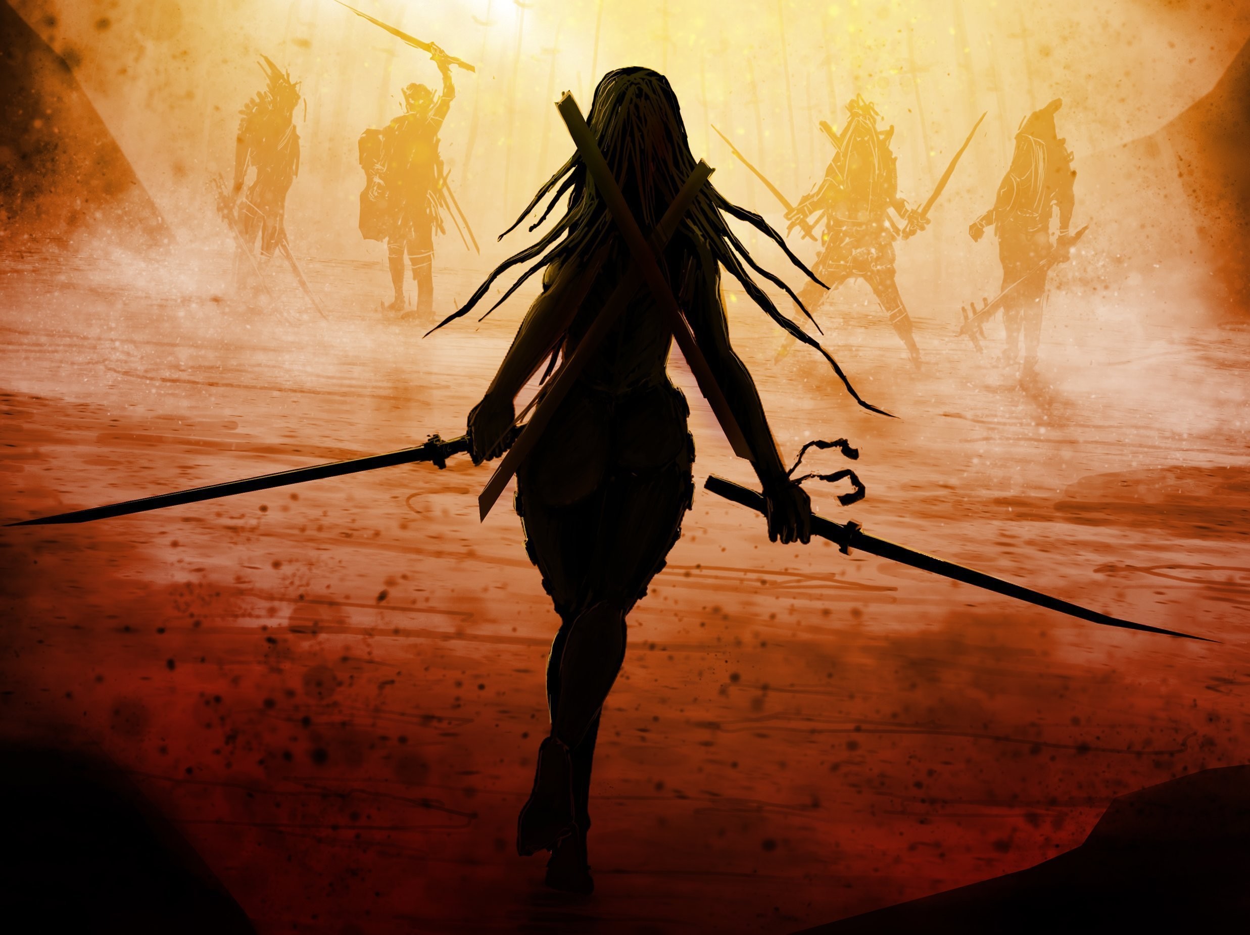 2474x1851 fantasy anime warrior guy | Graceful girl, warrior, sword, fog .