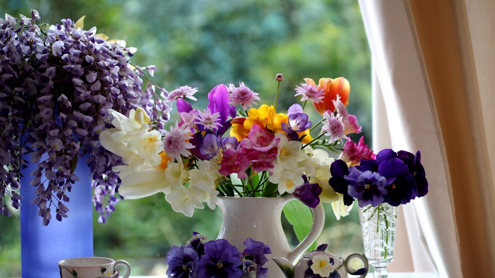 1920x1080 Preview wallpaper pansies, freesia, tulips, wisteria, flowers, pitcher,  porcelain 