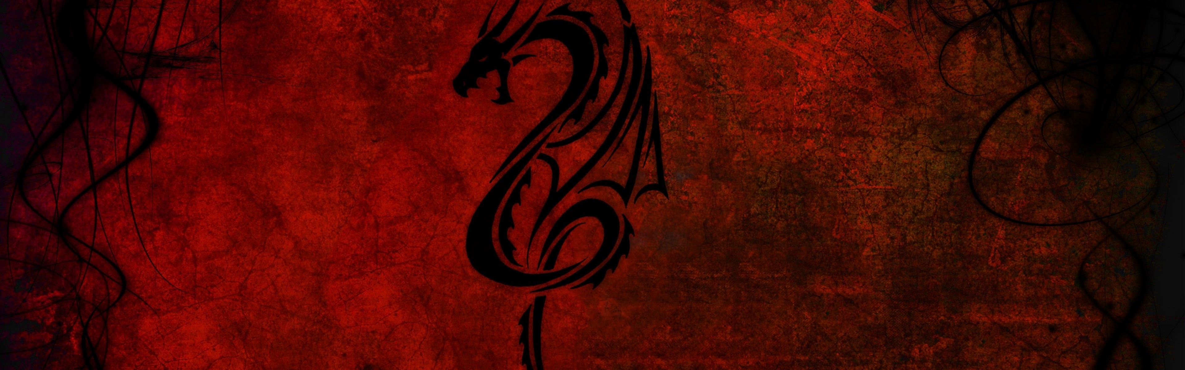 3840x1200  Wallpaper dragon, pattern, red, black