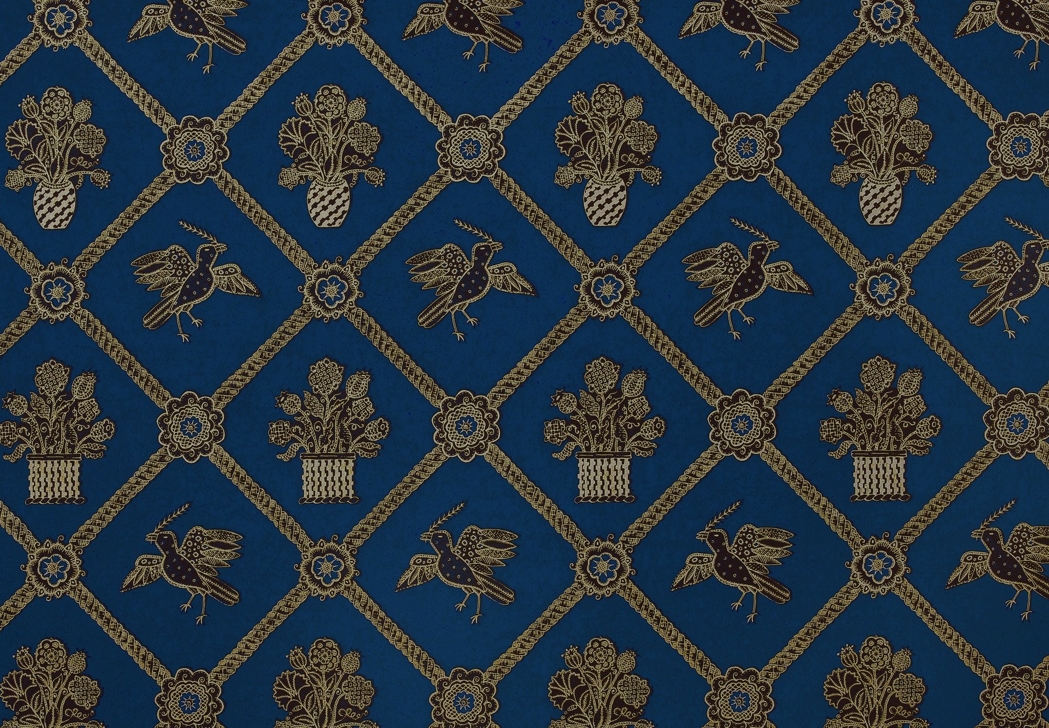 2048x1422 Rope Trellis Wallpaper - Royal Blue / Black / Gold Metallic
