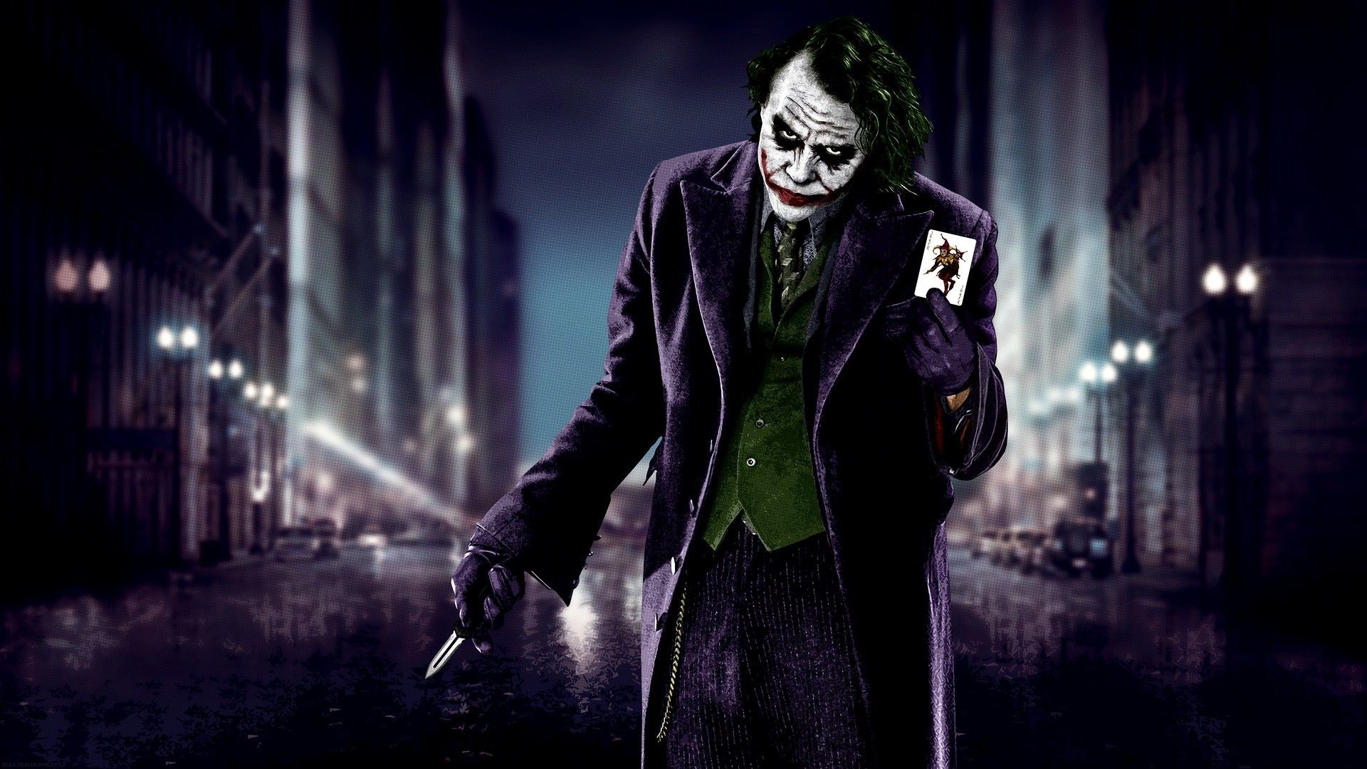 1920x1080 #Heath Ledger, #knife, #cards, #The Dark Knight, #Batman, #Joker, #city,  #blurred, #MessenjahMatt, #movies, wallpaper