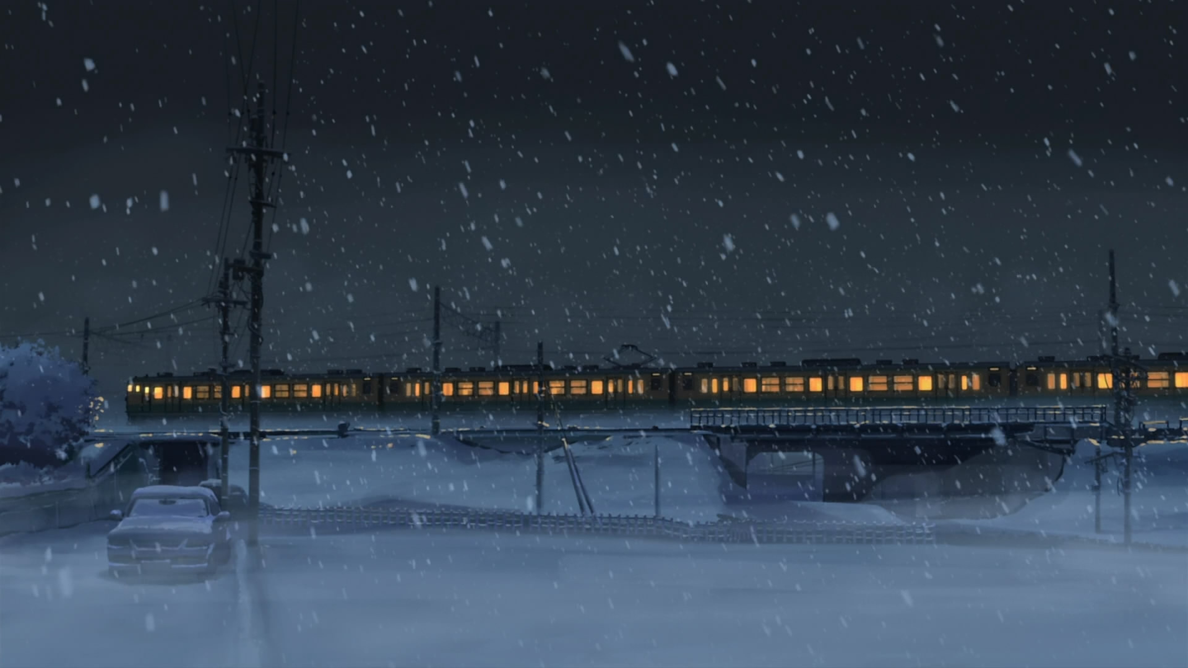 3840x2160  Wallpaper train, night, snow, winter, light