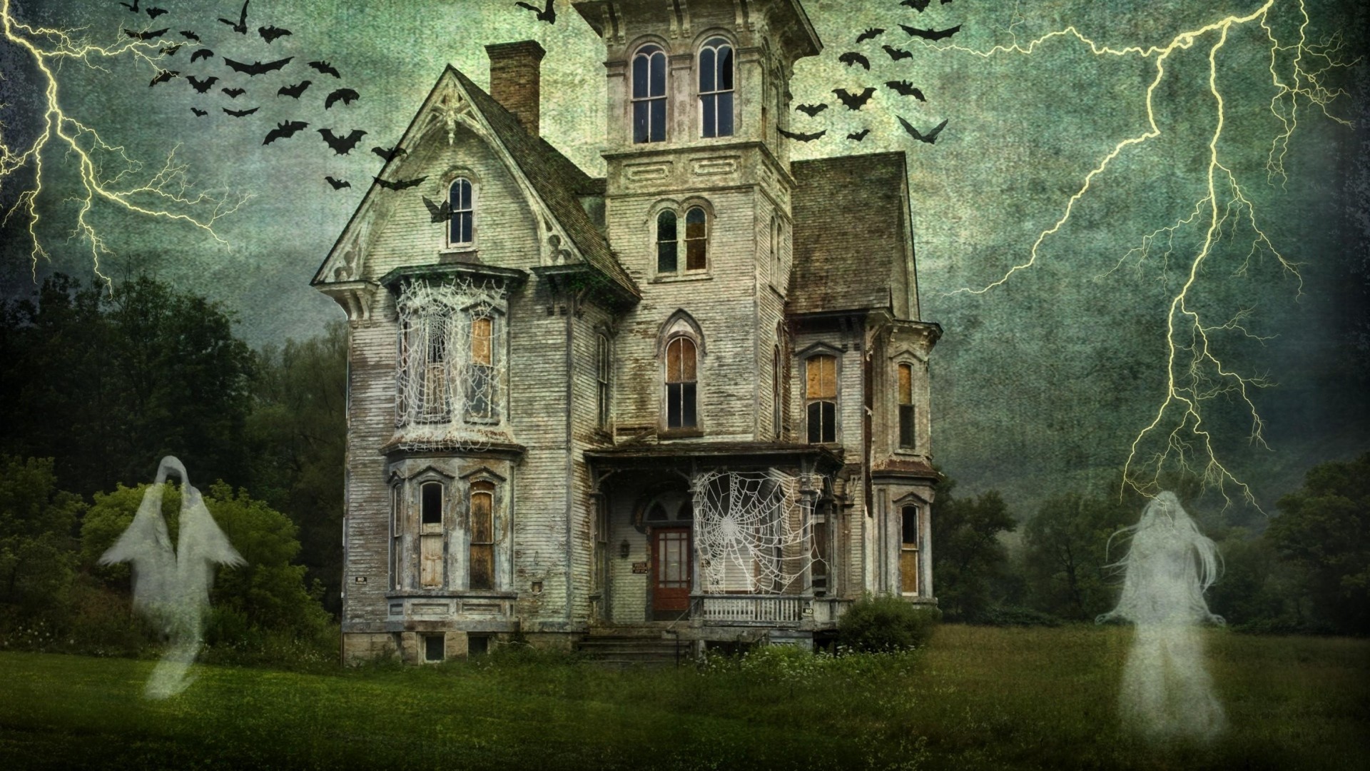1920x1080  Wallpaper castle, cobwebs, ghosts, lightning, birds