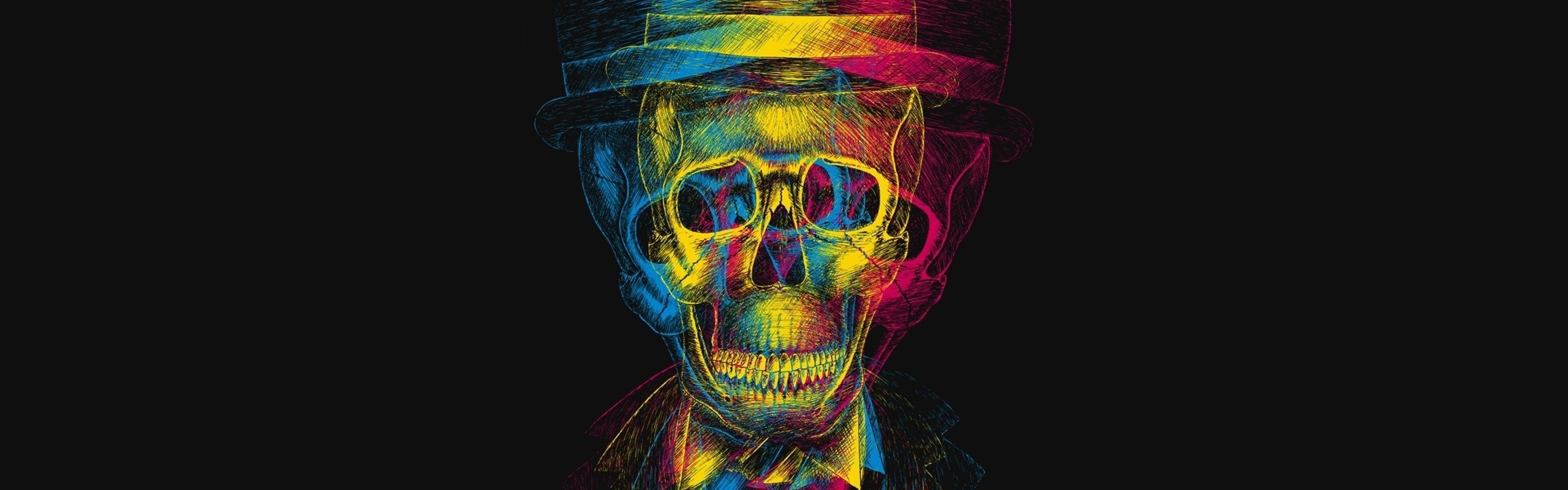 3840x1200 Preview wallpaper skull, hat, anaglyph, drawing 