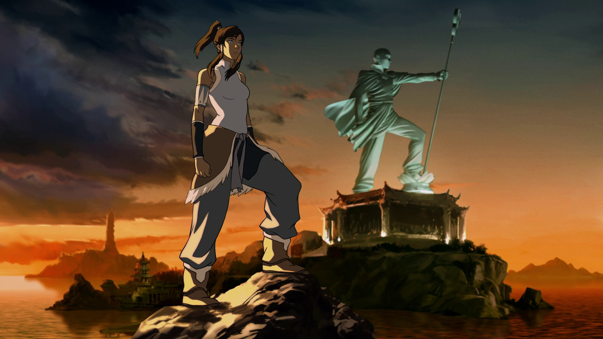 1920x1080 Avatar Korra and Avatar Aang Statue Wallpaper